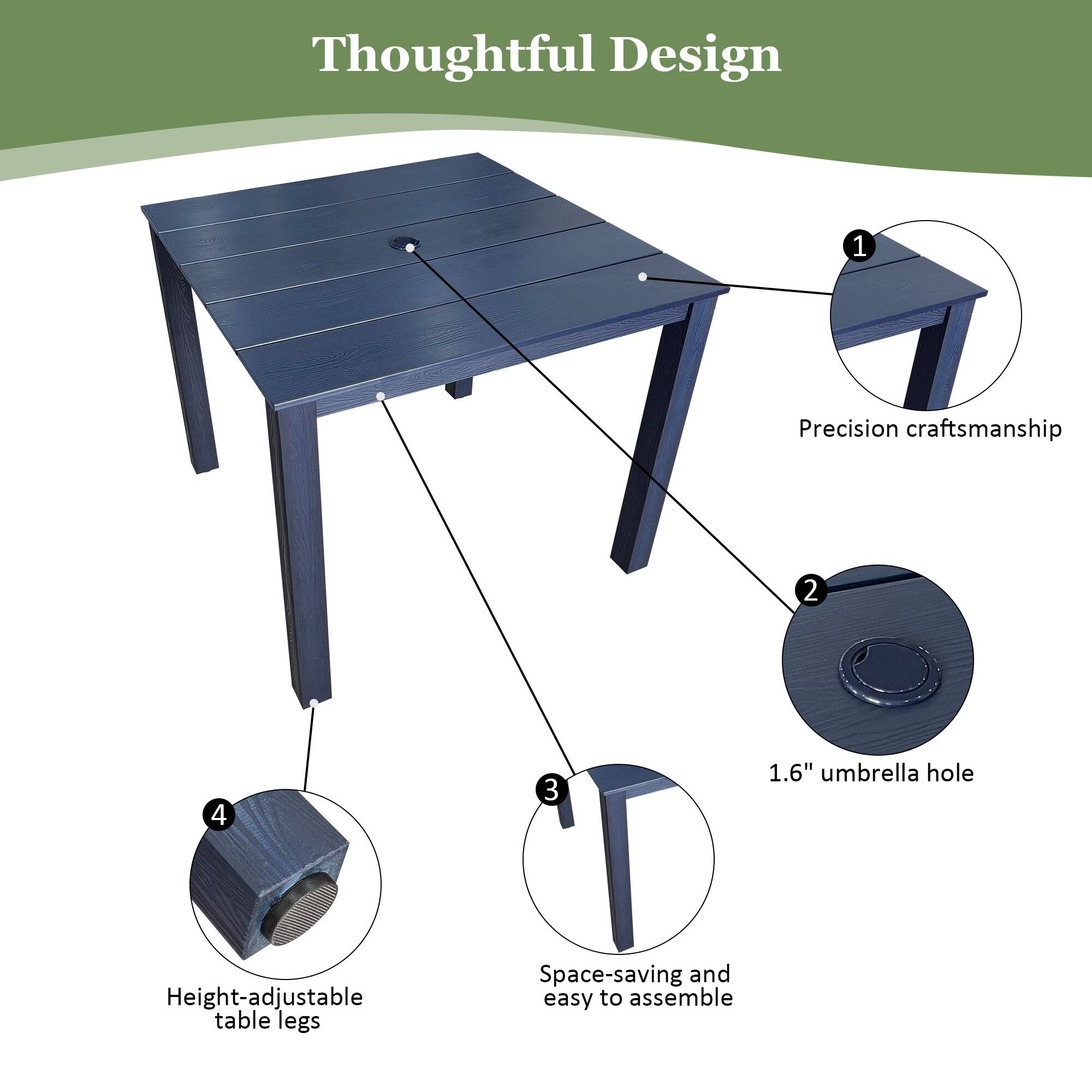 Thoughtful Design

1. Precision craftsmanship
2. 1.6" umbrella hole
3. Space-saving and easy to assemble
4. Height-adjustable table legs
