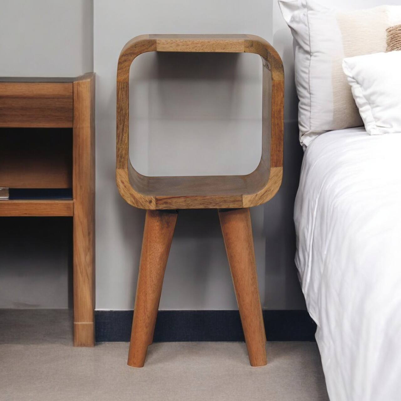 Angle. Artisan Furniture - Artisan Furniture Solid Wood Extra Mini Minimalist Open Curved Oak-ish Bedside, 1 Open Slot, Brown - Brown.