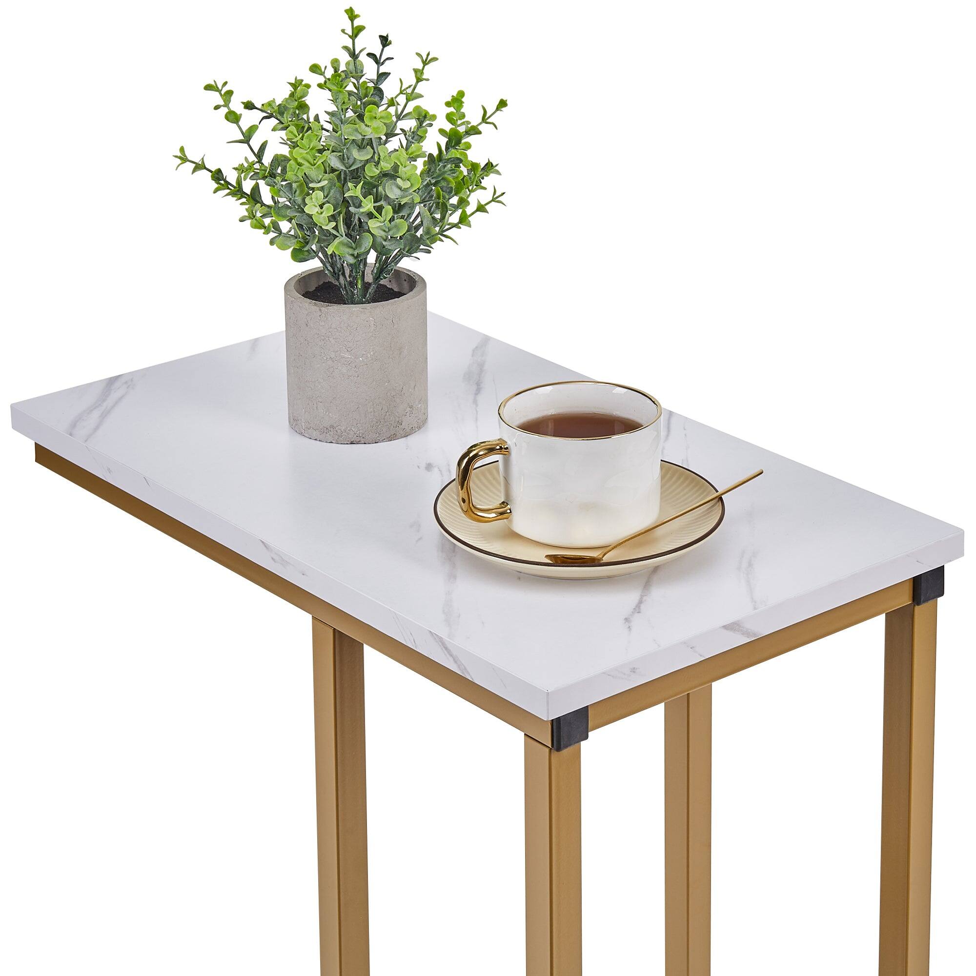 Left. Vecelo - 2Pack C Shaped End Table for Small Spaces, Sofa Side Table with Metal Frame, Easy to Assemble Snack Table - Gold.