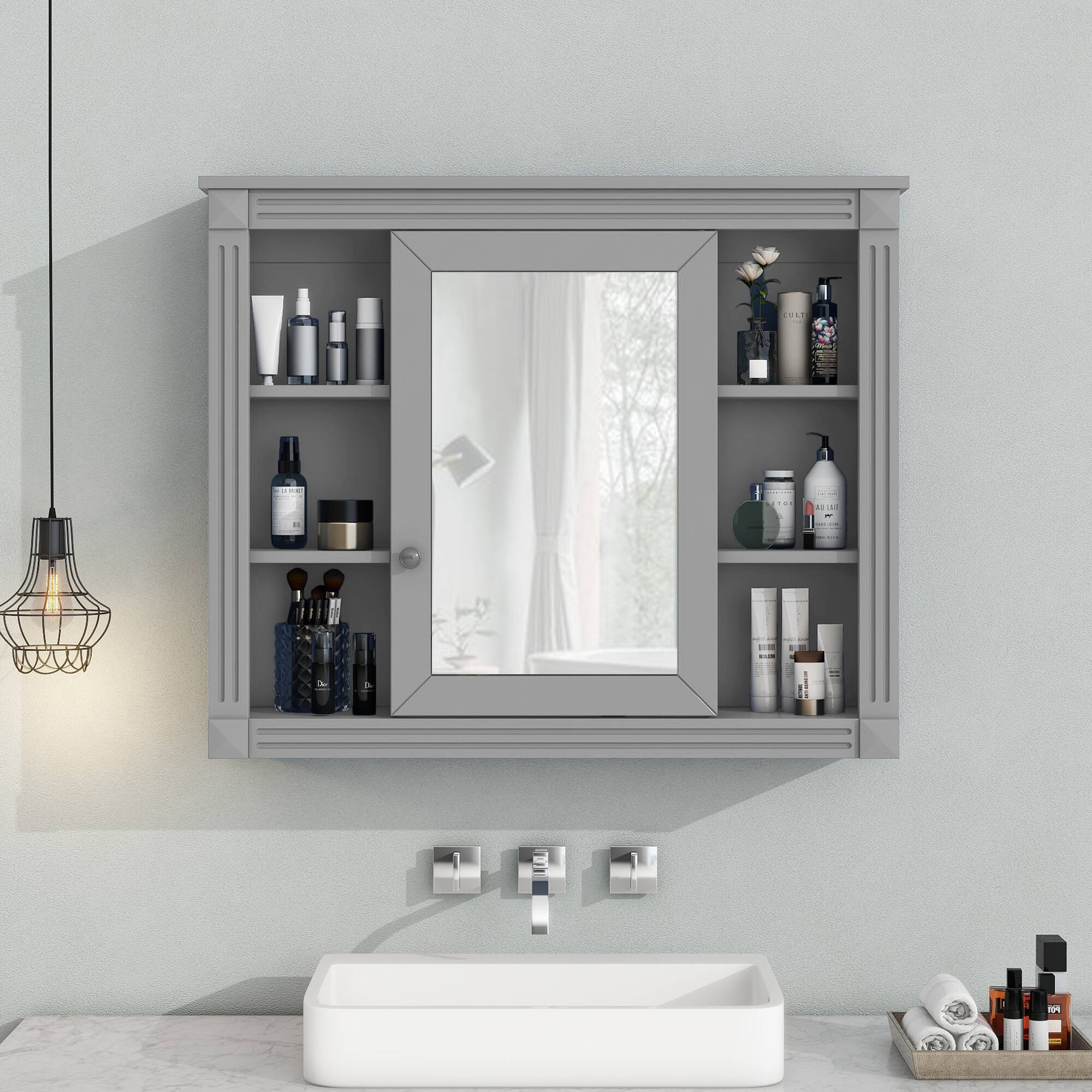 Angle. SlickBlue - Wall-Mounted Medicine Cabinet with Mirror and Open Shelving Design - Grey.