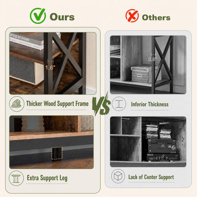 Ours

Thicker Wood Support Frame
1.6"

Extra Support Leg

Others

Inferior Thickness
0.8"

Lack of Center Support