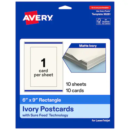 Go to avery.com/templates
Use Avery Presta Template 95281
Matte Ivory
1 card per sheet
10 sheets
10 cards
6" x 9" Rectangle Ivory Postcards with Sure Feed Technology for Laser/Inkjet