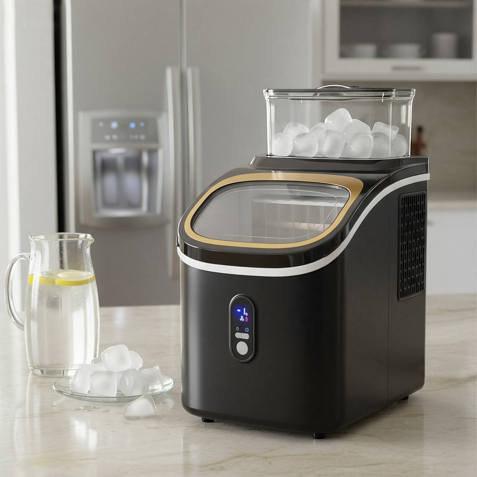 Angle. LHRIVER - 28lbs/Day Ice Maker Countertop, 1.5+0.5L Large Water Tank, Cube Ice, Self-Cleaning, Timer, Customizable Ice Making Time - Black.