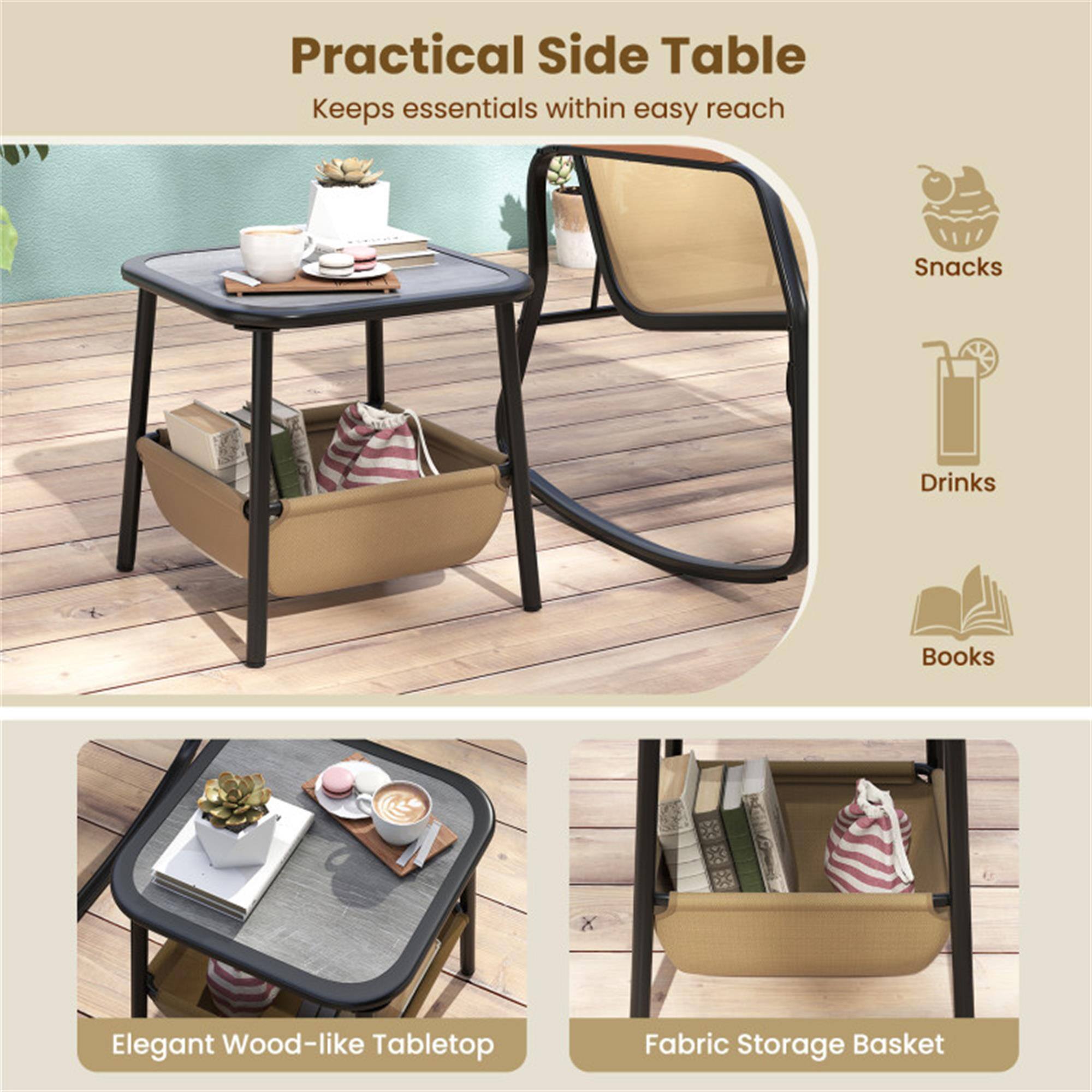 Practical Side Table  
Keeps essentials within easy reach

- Snacks
- Drinks
- Books

Elegant Wood-like Tabletop  
Fabric Storage Basket
