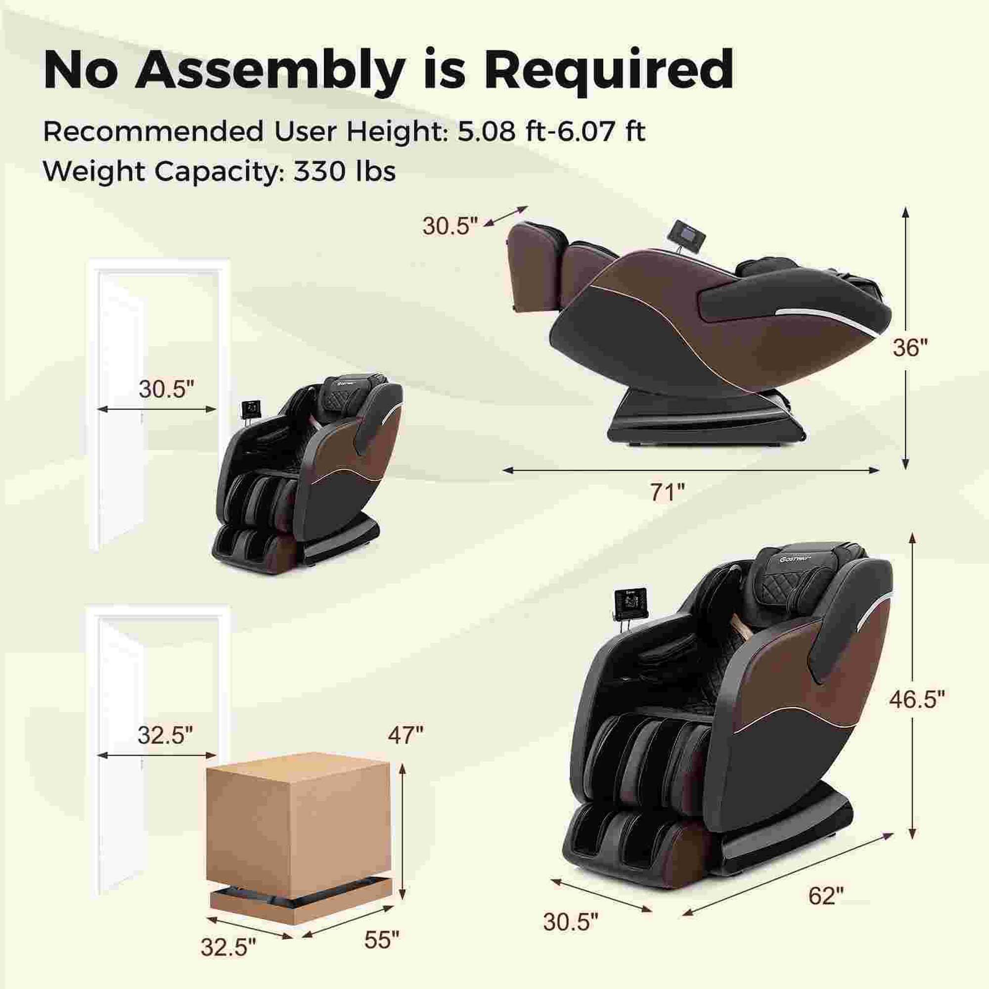 No Assembly is Required. Recommended User Height: 5.08 ft-6.07 ft. Weight Capacity: 330 lbs. 30.5" 36" 30.5" 71" 32.5" 47" 46.5" 32.5" 55" 30.5" 62".