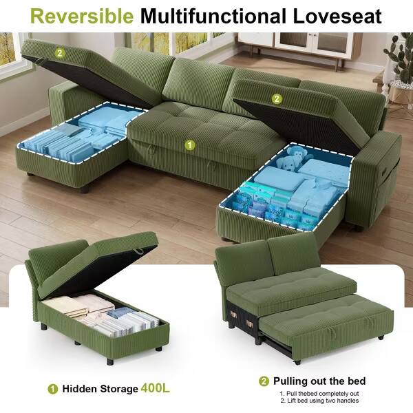 Reversible Multifunctional Loveseat

1. Hidden Storage 400L
2. Pulling out the bed
   1. Pull the bed completely out
   2. Lift bed using two handles