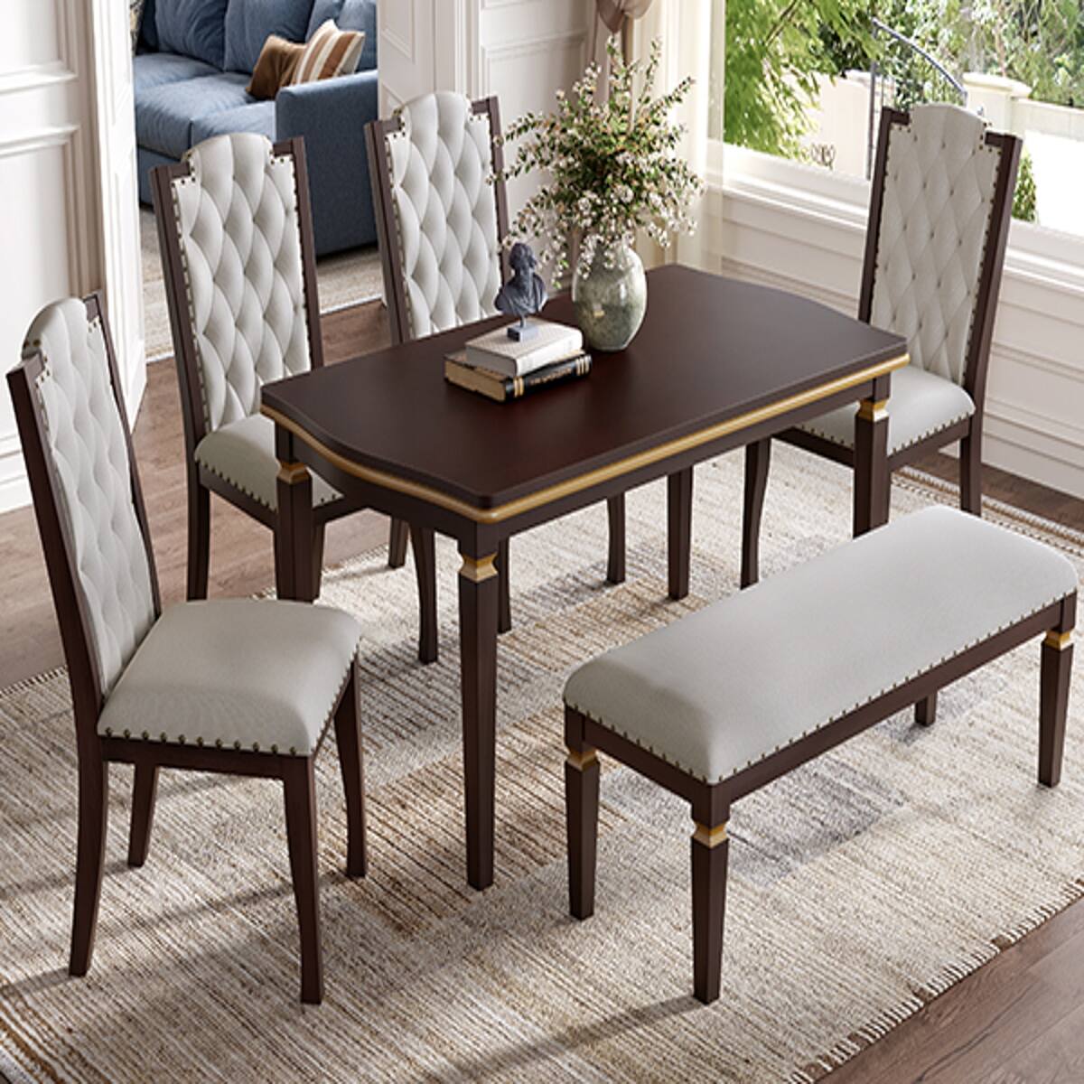 Left. Loheer - Loheer 6 Piece Dining Table Set With Bench, Espresso 60 Inch Rectangular Table - Espresso.