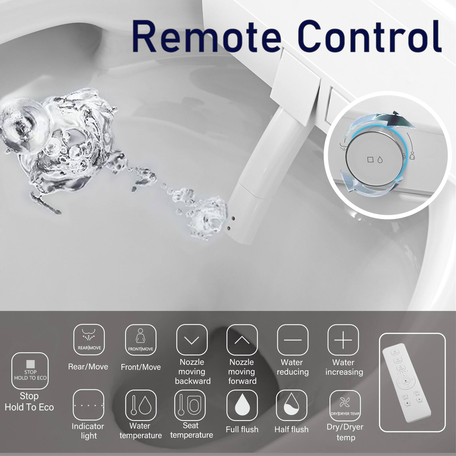 Remote Control

- Stop Hold To Eco
- Rear/Move
- Front/Move
- Nozzle moving backward
- Nozzle moving forward
- Water reducing
- Water increasing
- Indicator light
- Water temperature
- Seat temperature
- Full flush
- Half flush
- Dry/Dryer temp