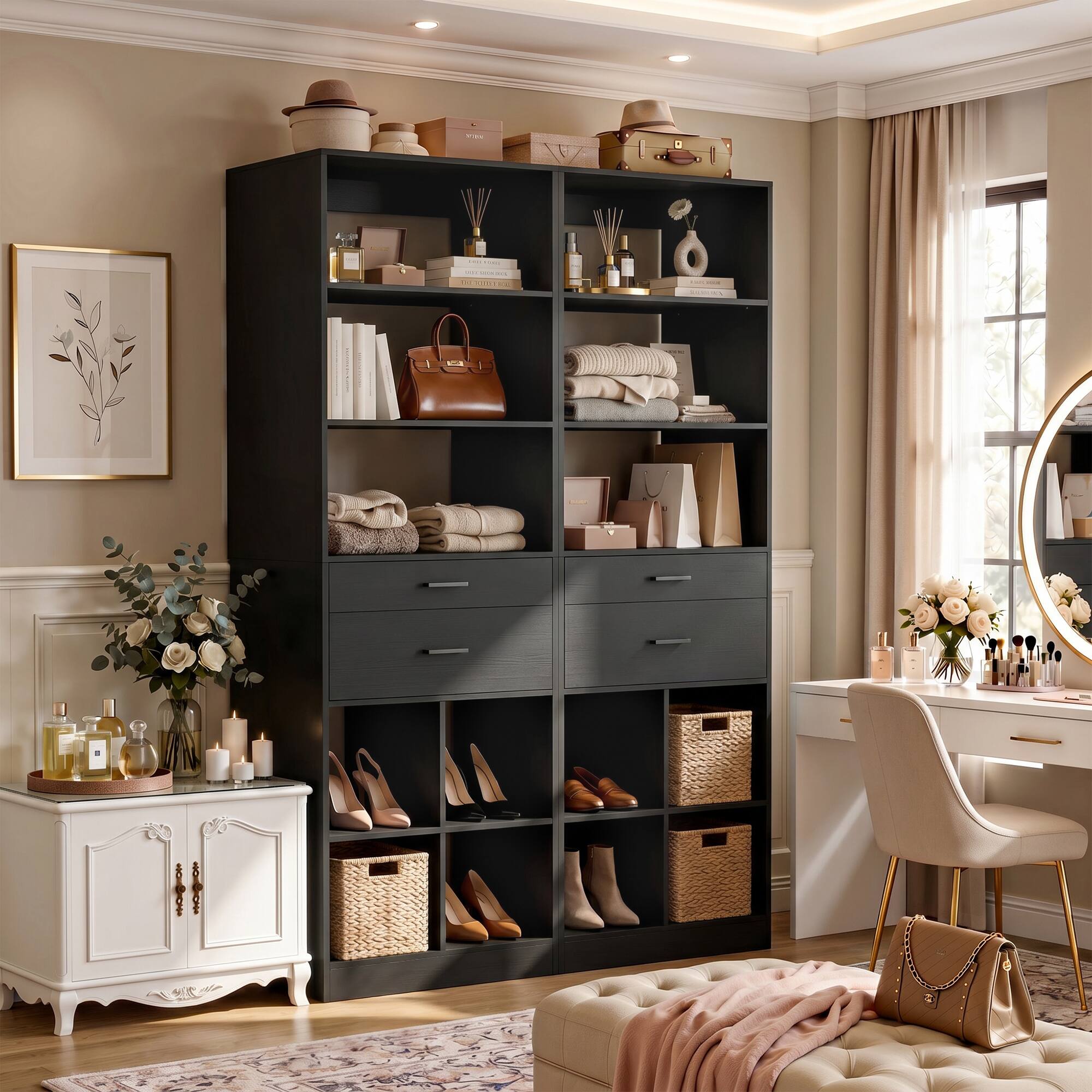 Angle. Aheaplus - 22" 2-Piece Floor-Standing Closet System with Adjustable Shelves & Smooth-Glide Drawers,Ships in 2 packages - Black.