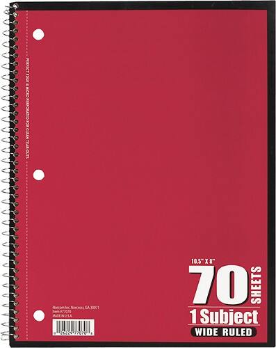 Front Standard. Tops - 1-Subject Notebook.