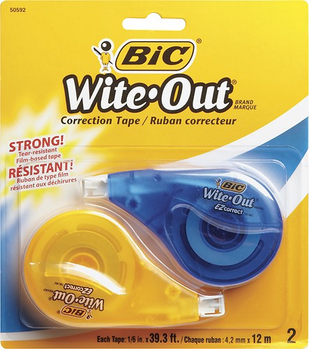 BIC Wite-Out EZ CORRECT Grip Correction Tape - 33.50 ft Length - 1 Line(s)  - White Tape - Rubber Grip - 2 / Pack - White - Servmart