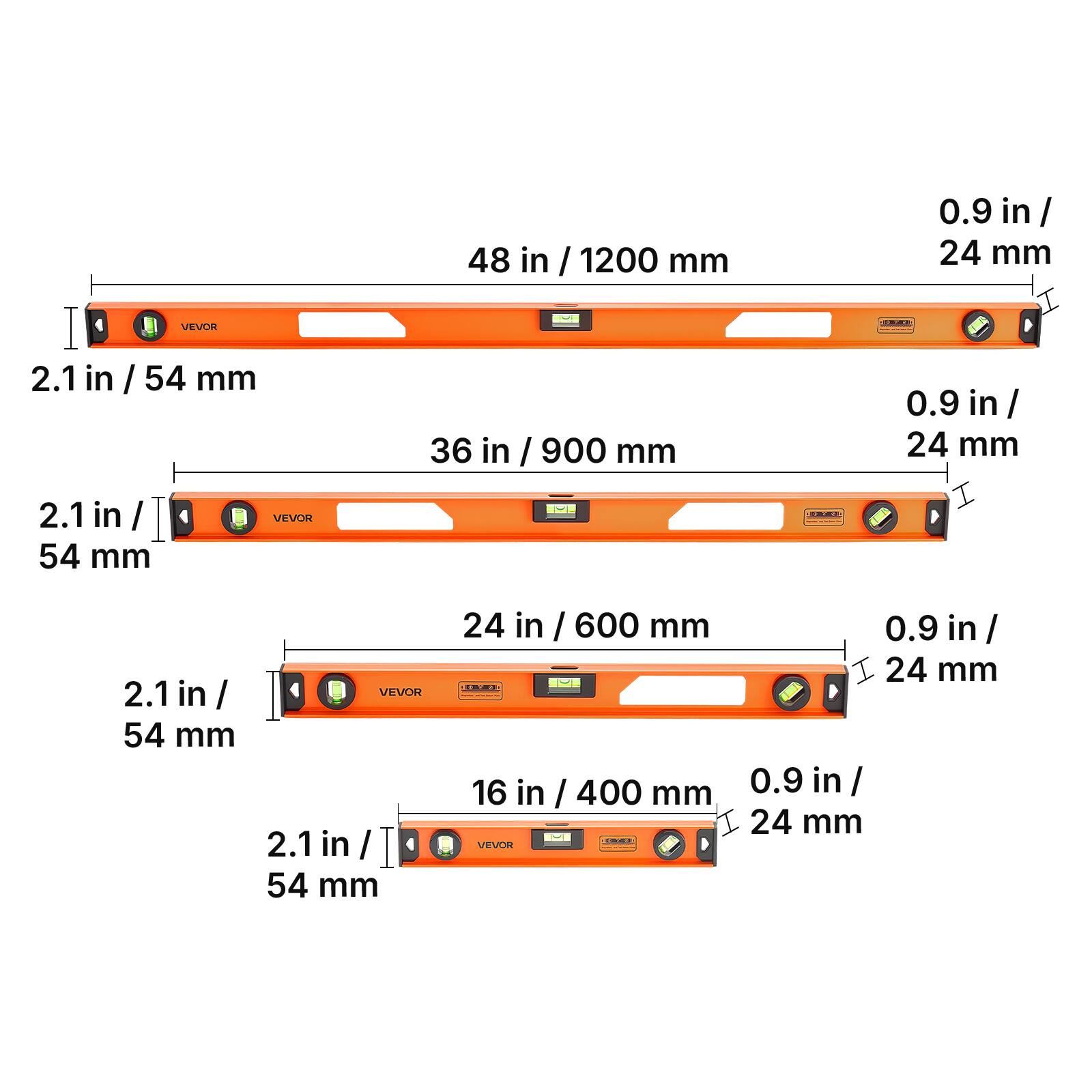 - 48 in / 1200 mm
  - 2.1 in / 54 mm
  - 0.9 in / 24 mm

- 36 in / 900 mm
  - 2.1 in / 54 mm
  - 0.9 in / 24 mm

- 24 in / 600 mm
  - 2.1 in / 54 mm
  - 0.9 in / 24 mm

- 16 in / 400 mm
  - 2.1 in / 54 mm
  - 0.9 in / 24 mm