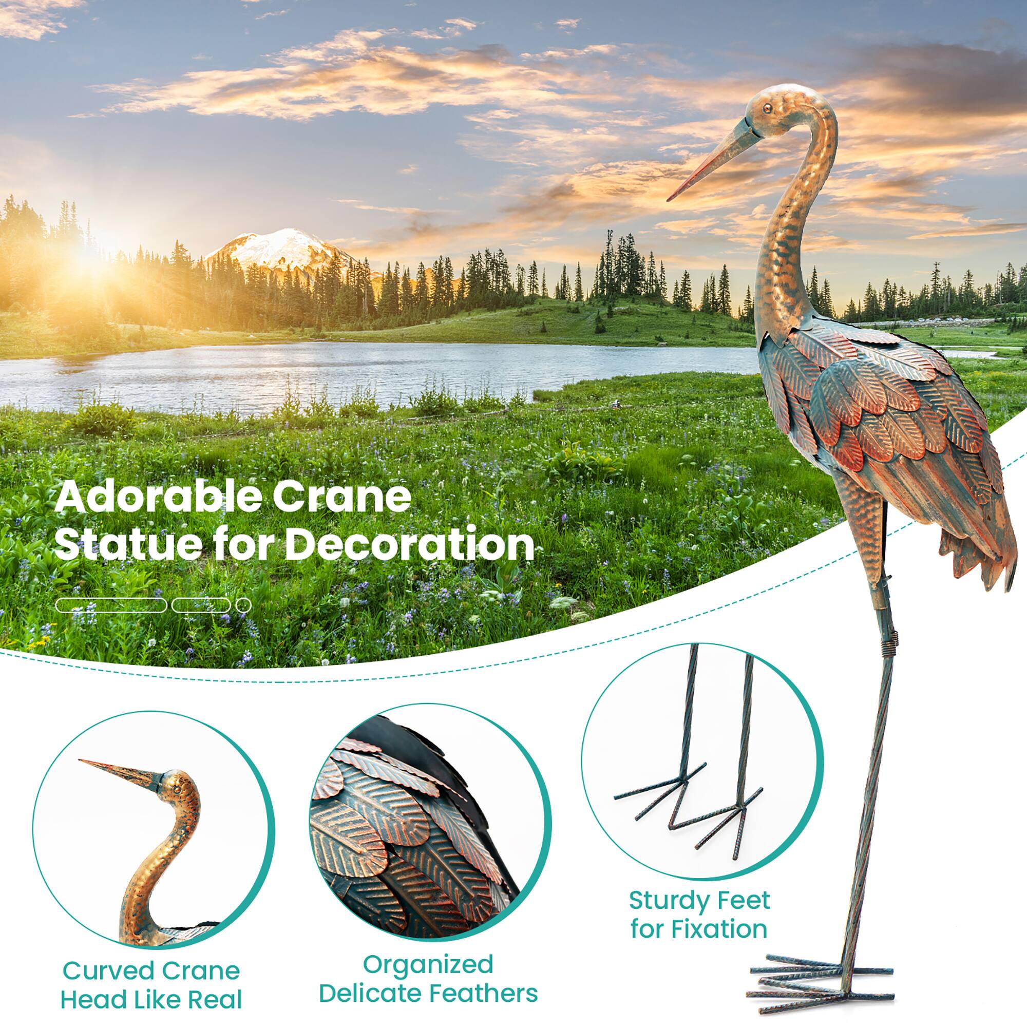 Adorable Crane Statue for Decoration: Curved Crane Head Like Real, Organized Delicate Feathers, Sturdy Feet for Fixation.