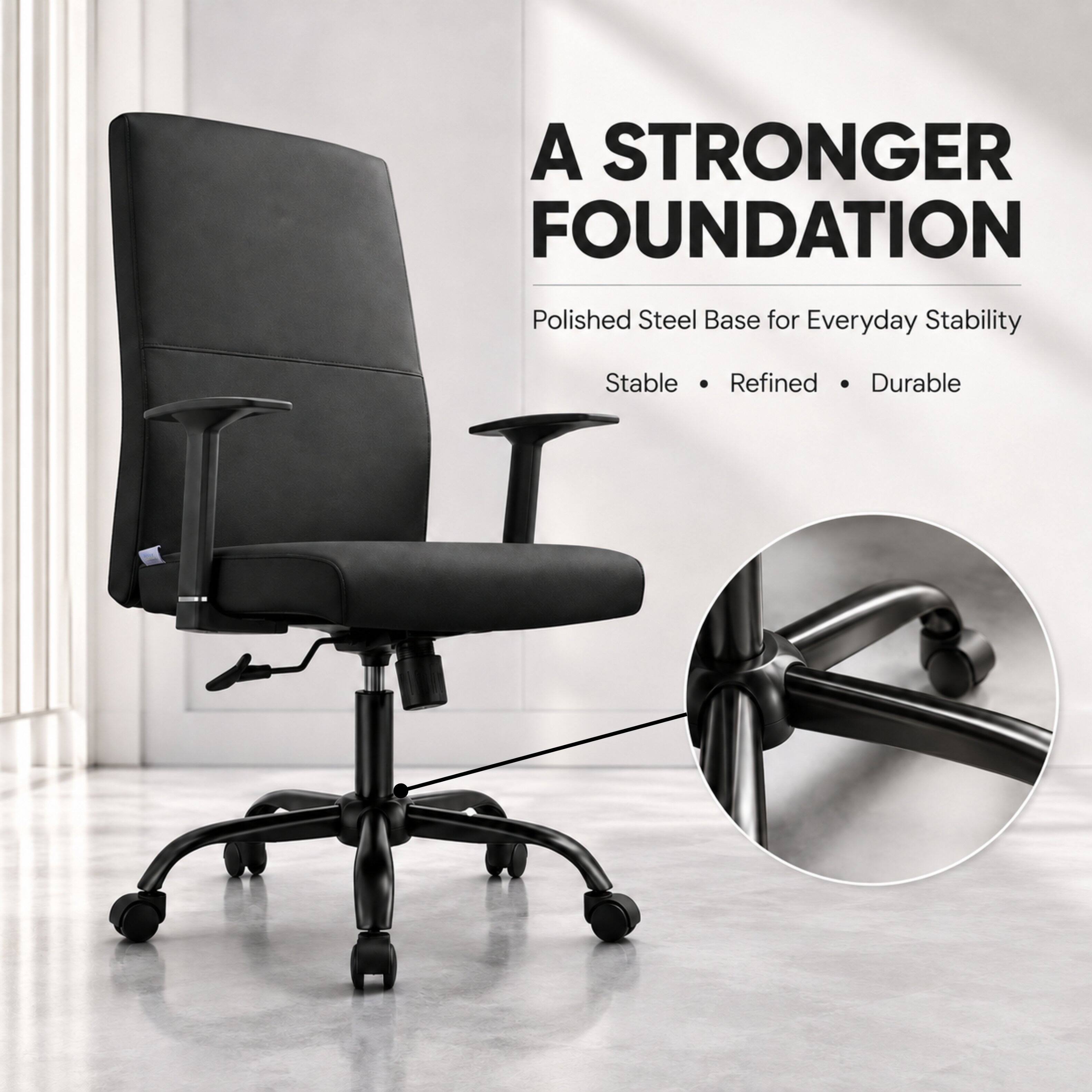 A STRONGER FOUNDATION  
Polished Steel Base for Everyday Stability  
Stable • Refined • Durable