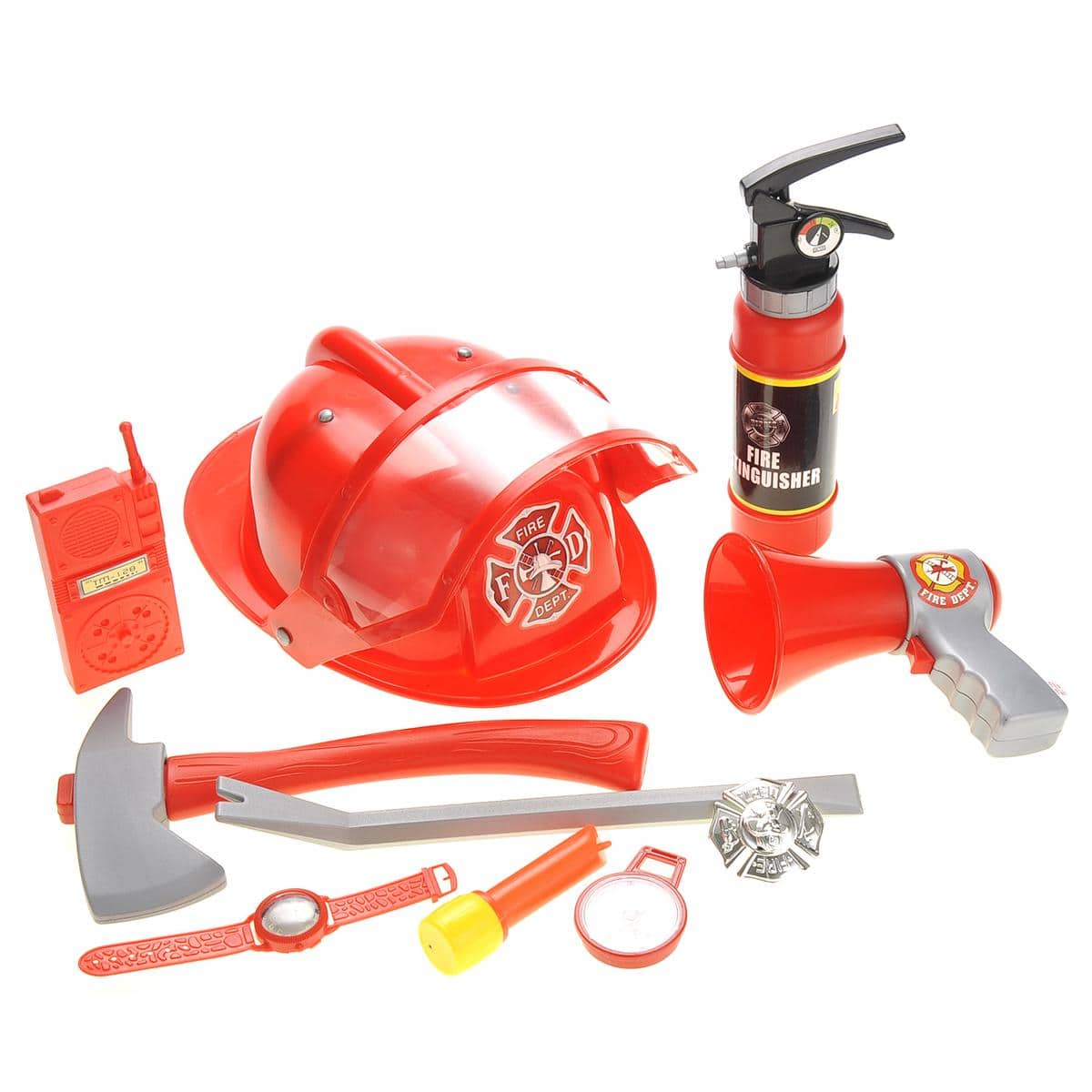JuzToys - Fireman Hat and Accessories Play Set for Kids – Firefighter Helmet, Fire Extinguisher, Microphone - Red