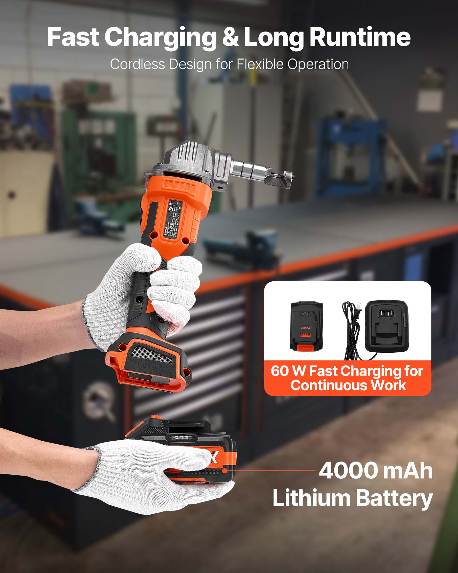 Fast Charging & Long Runtime  
Cordless Design for Flexible Operation  

60 W Fast Charging for Continuous Work  

4000 mAh Lithium Battery