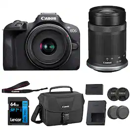 Canon - EOS R100 Mirrorless Camera with 18-45mm and 55-210mm Lenses Bundled with 64GB Memory Card & Camera Bag (3 Items)