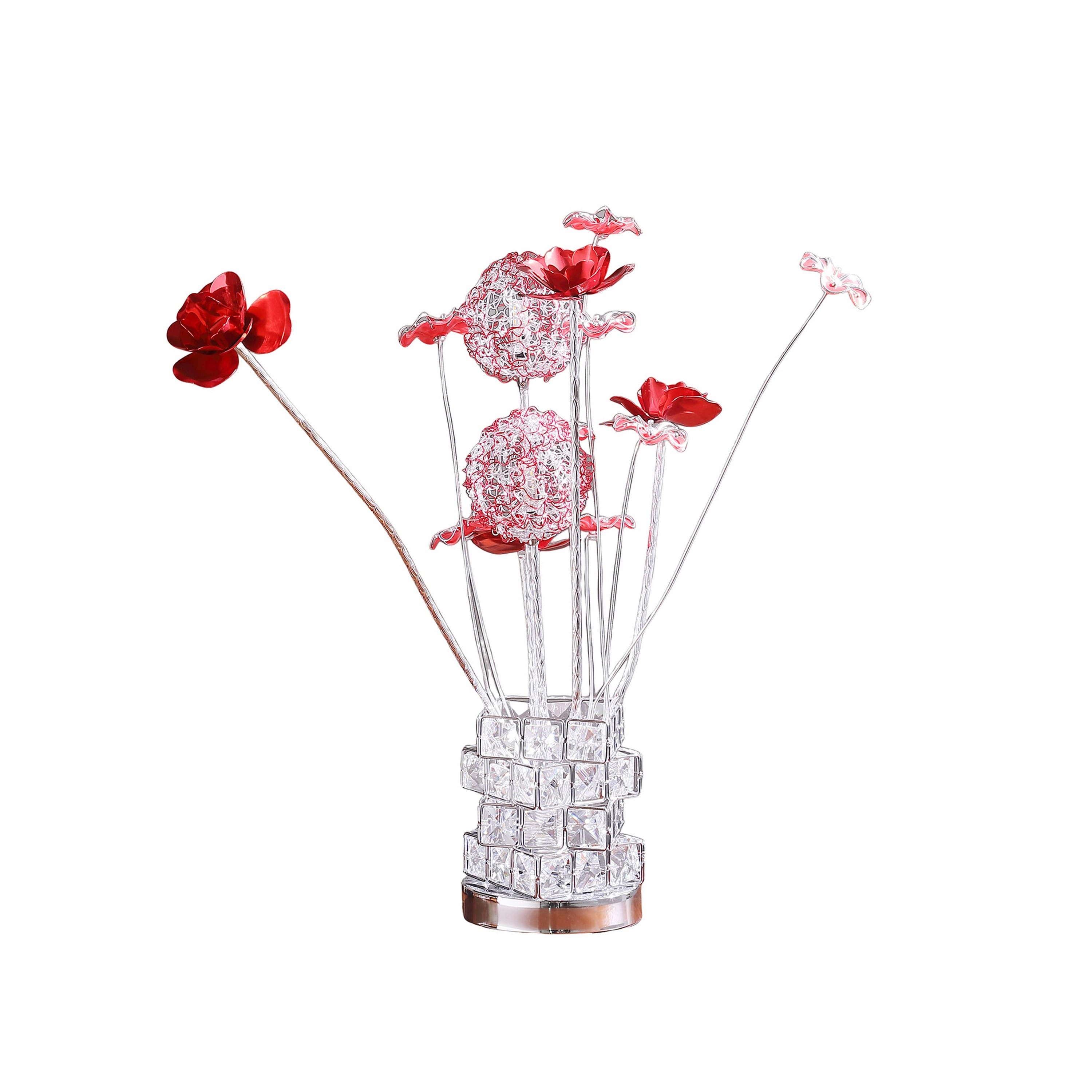 Manhattan Lane - Accent Table Lamp, LED, Roses, Crystal Square Vase, Chrome 21 Inch - Red, Chrome