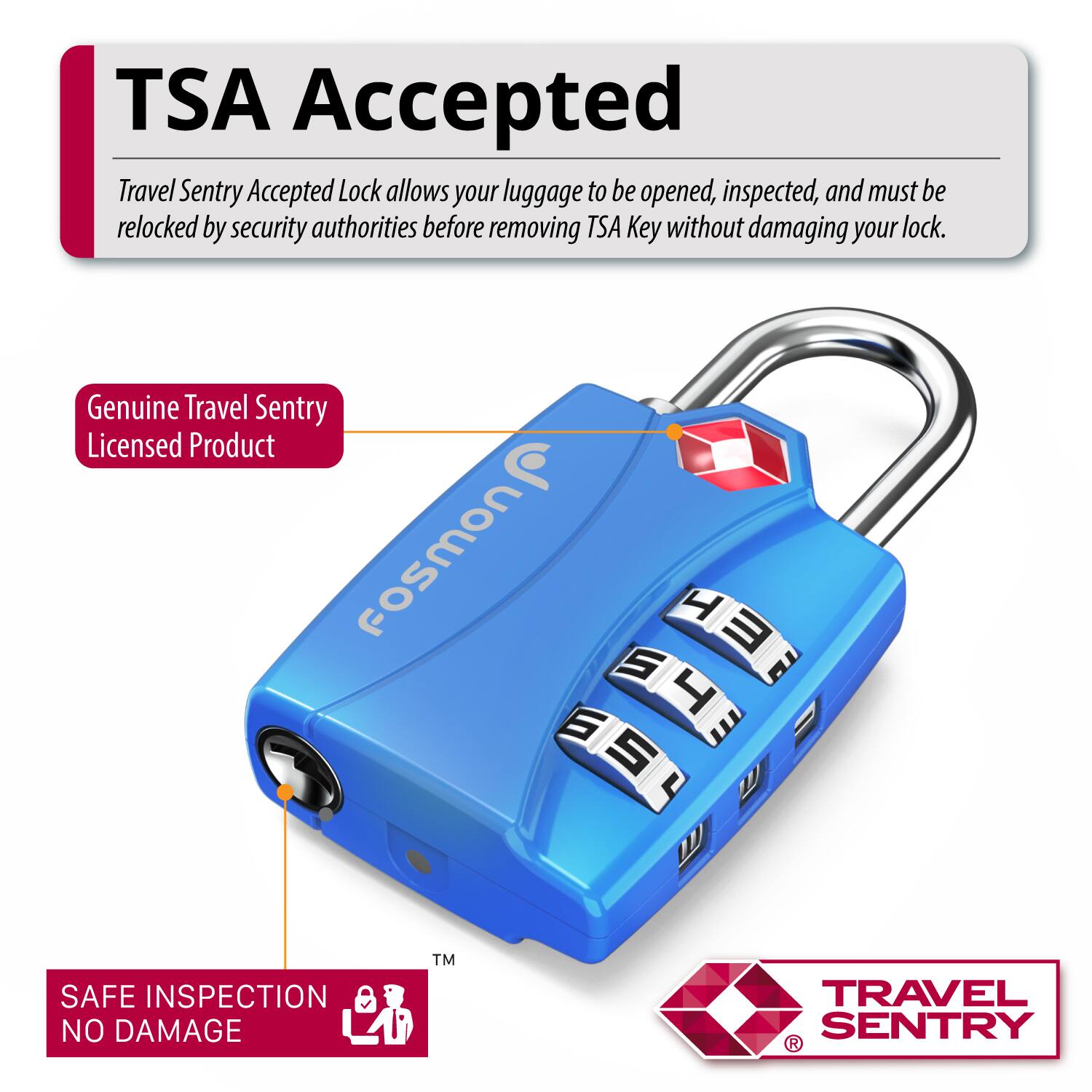 TSA Accepted Travel Sentry Accepted Lock allows your luggage to be opened, inspected, and must be relocked by security authorities before removing TSA Key without damaging your lock. Genuine Travel Sentry Licensed Product. SAFE INSPECTION NO DAMAGE. TRAVEL SENTRY.