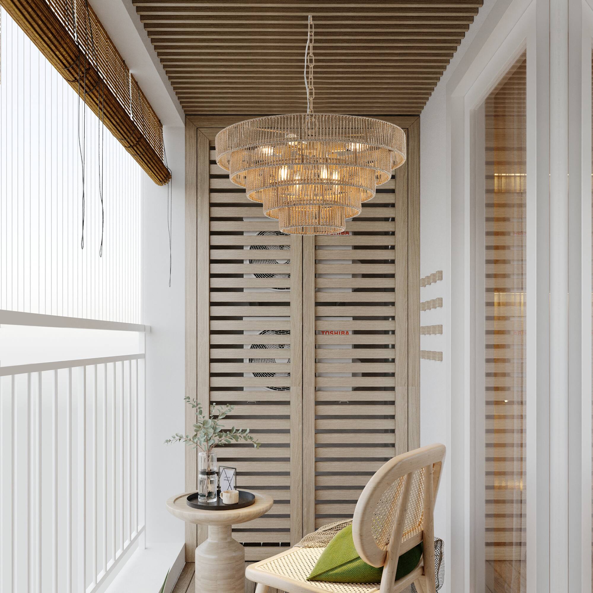 Alt View 1. Tiramisubest - 24" Modern 5-Layer Woven Hemp Rope Chandelier, Boho Style Pendant Light, Elegant Hanging Light Fixture (No Bulbs) - Wood.