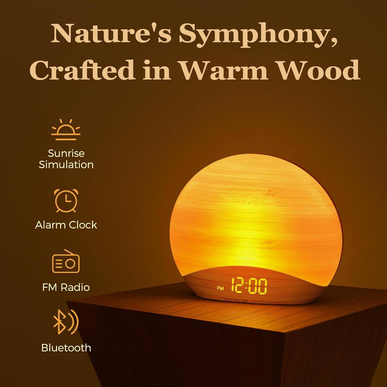 Nature's Symphony, Crafted in Warm Wood

- Sunrise Simulation
- Alarm Clock
- FM Radio
- Bluetooth

12:00 PM