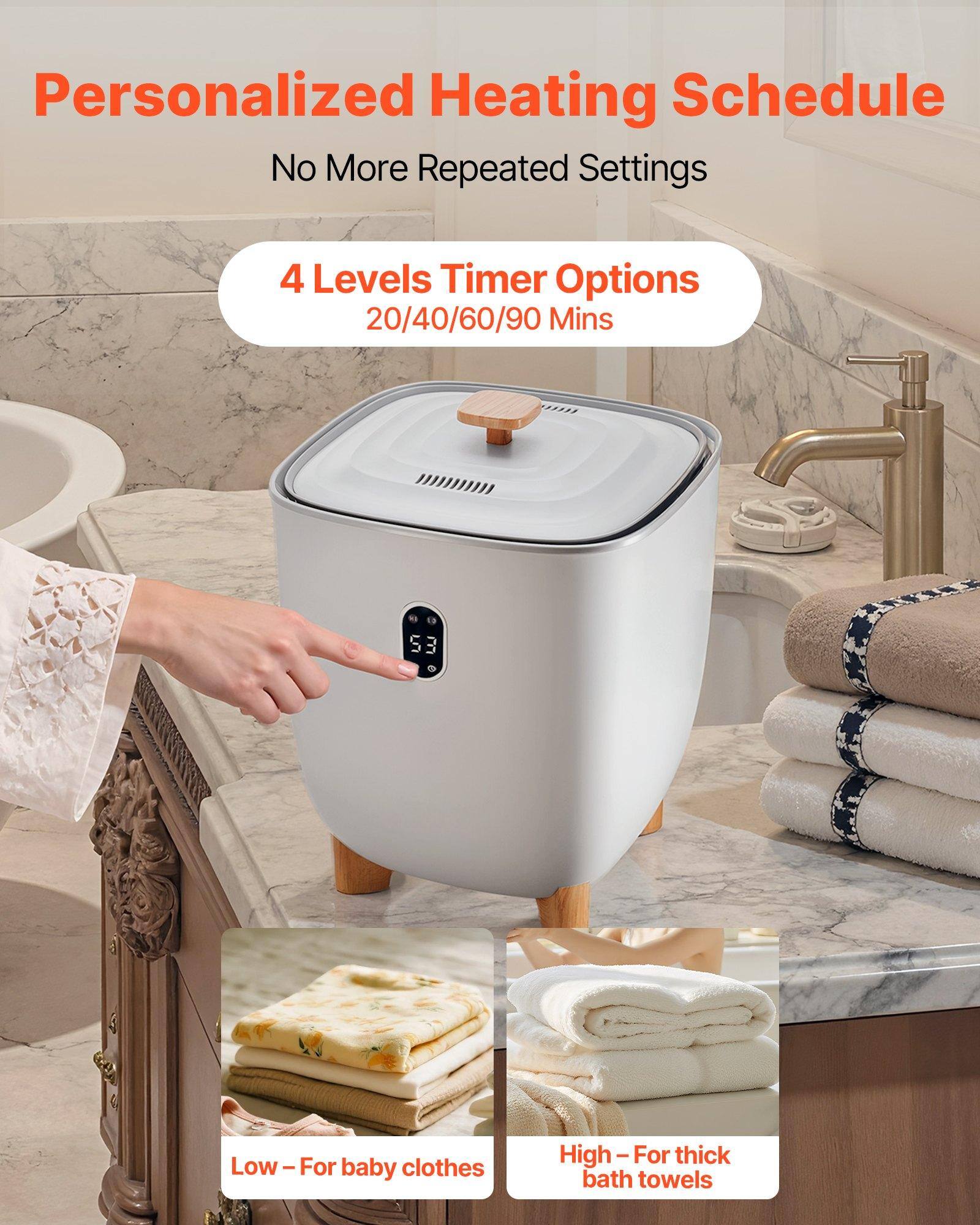 Personalized Heating Schedule  
No More Repeated Settings  

4 Levels Timer Options  
20/40/60/90 Mins  

Low – For baby clothes  
High – For thick bath towels