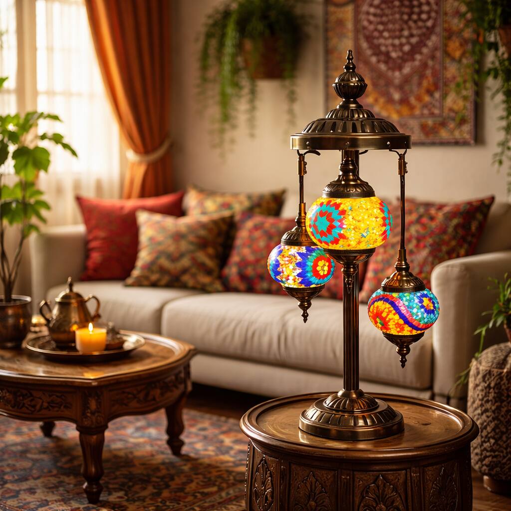 FC Design - 29"H Bronze Stand Mosaic Triple Globe Turkish Lamp