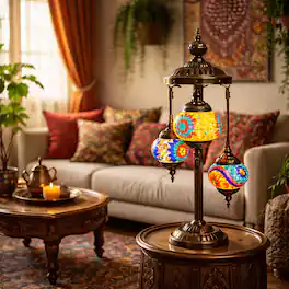FC Design - 29"H Bronze Stand Mosaic Triple Globe Turkish Lamp