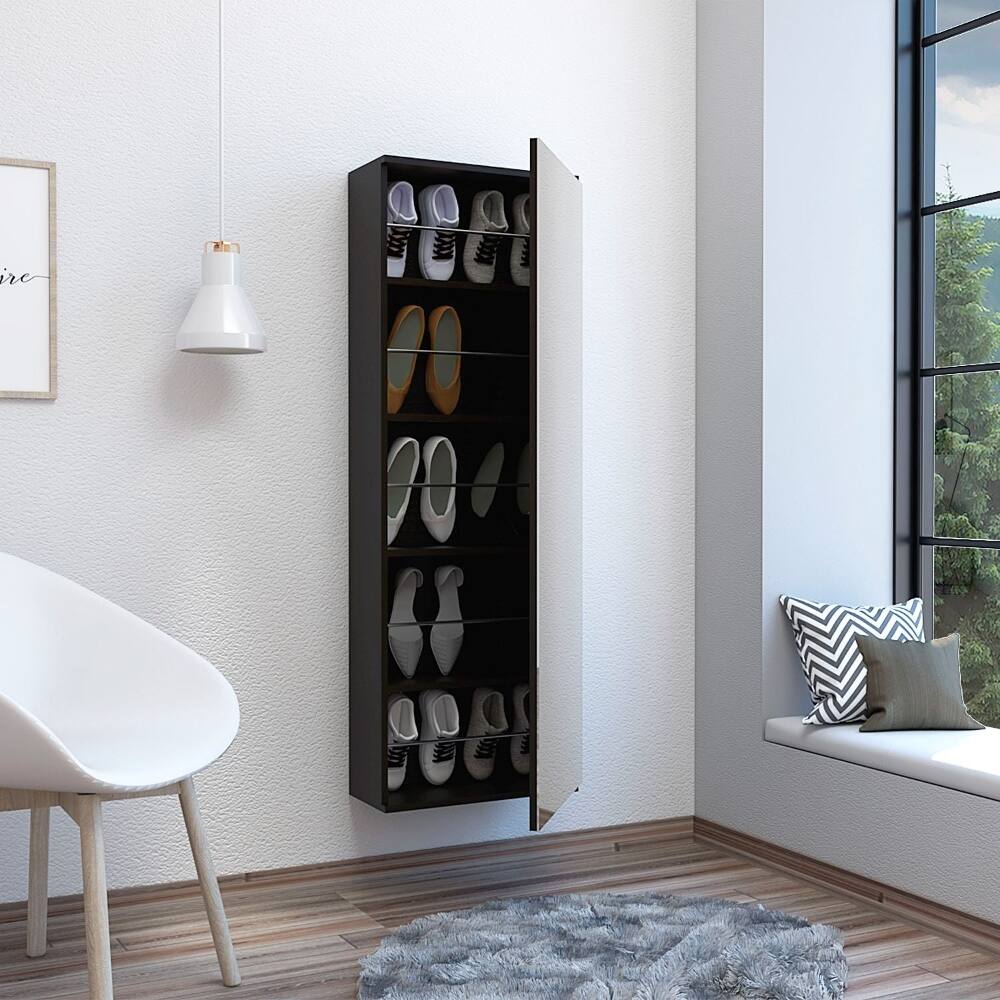 Angle. Loheer - Loheer black wall mounted shoe rack, mirrored door cabinet, 54 inch high - Black.