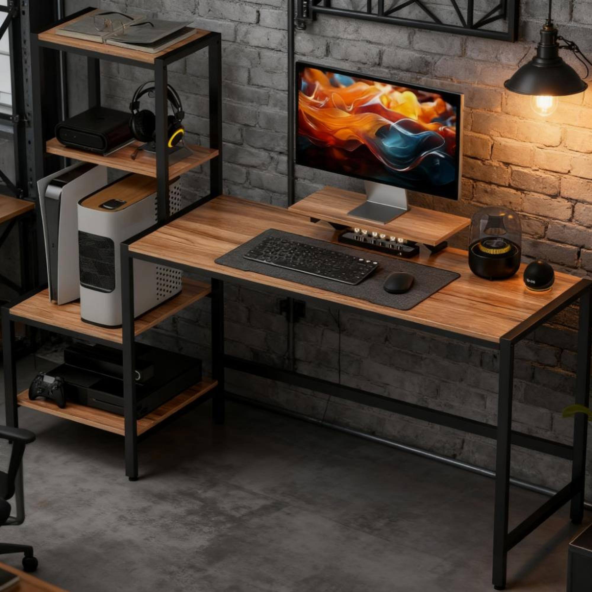 GOODSILO - Industrial Computer Desk with Reversible Shelves and Elevated Monitor Stand for Home Office Workstation - Black+Brown - Thumbnail 2
