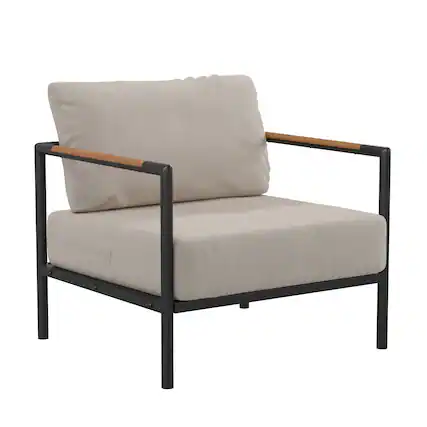 Front. Emma + Oliver - Aluminum Frame Patio Chair with Teak Arm Accents and Plush Cushions - Beige.