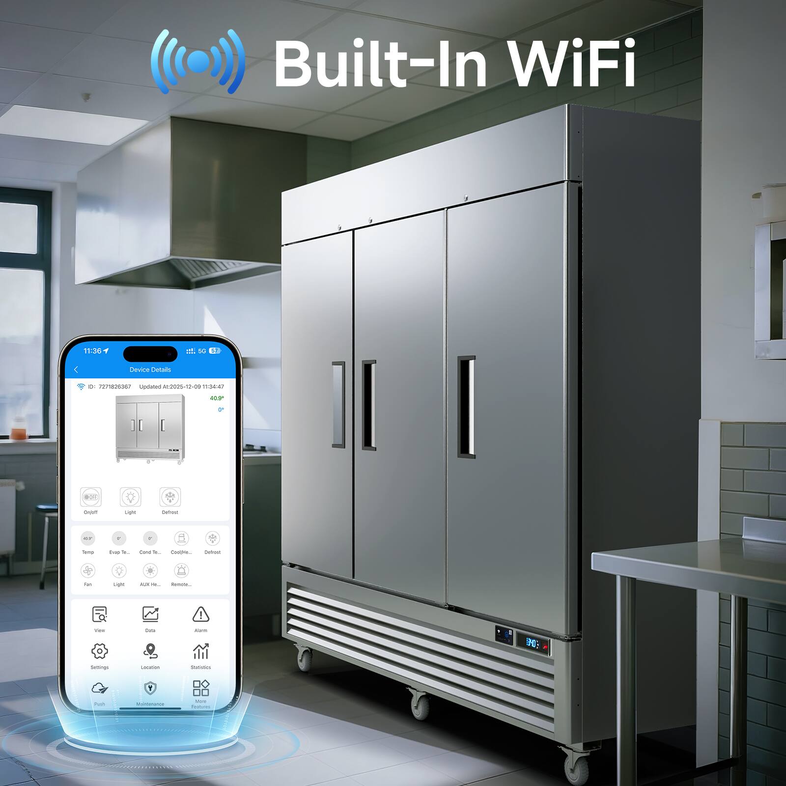 Built-In WiFi

Device Details
- ID: 727828367
- Updated: 2023-05-19 11:33:47

- Output
- Light
- Defrost

- Temp
- Evap Vap
- Cond Temp
- Cool Down
- Ducts

- Fan
- Light
- AUX Relay
- Remote...

- View
- Data
- Alarm

- Settings
- Location
- Statistics

- Push
- Maintenance
- Profile