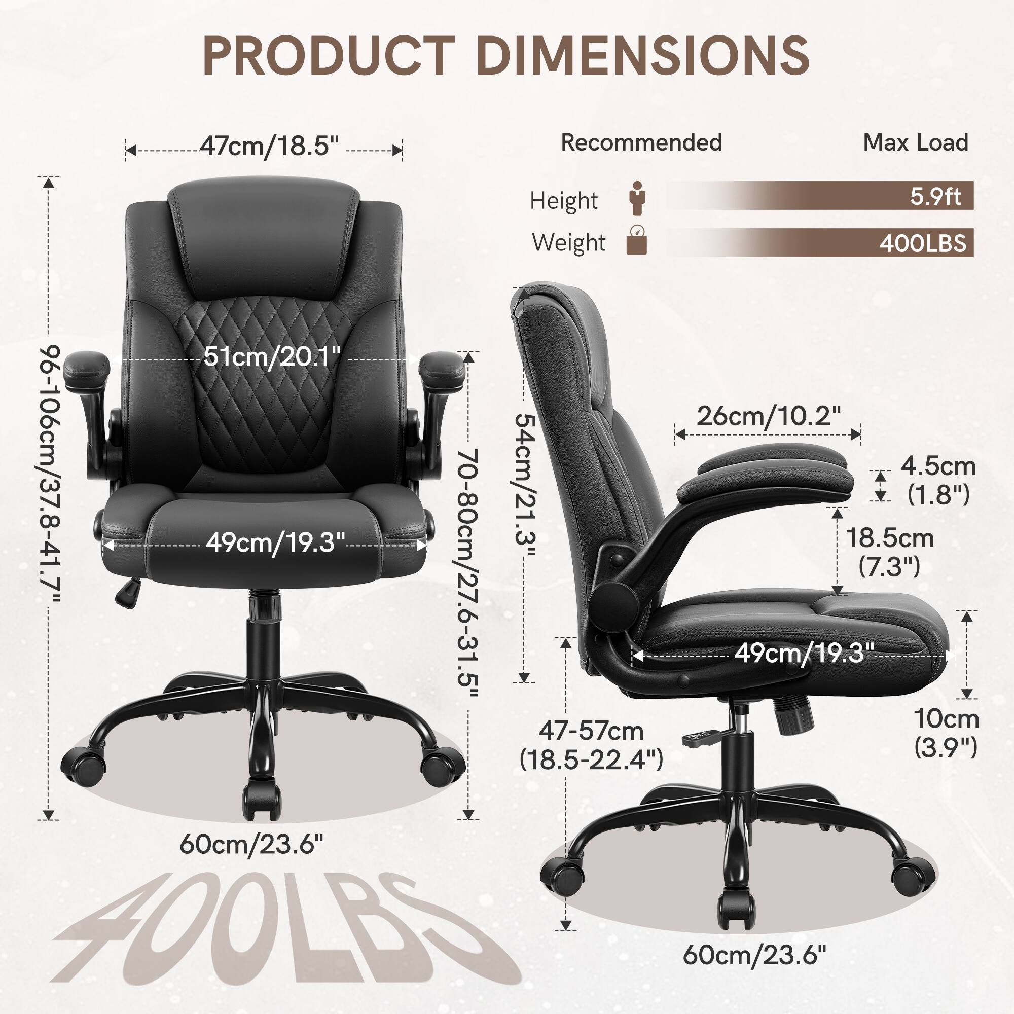 PRODUCT DIMENSIONS:
- Height: 18.5" (47cm)
- Max Load Height: 5.9ft (180cm)
- Weight: 400lbs (181kg)
- Seat Height: 20.1" (51cm)
- Seat Depth: 10.2" (26cm)
- Armrest Height: 37.8-41.7" (96-106cm)
- Armrest Depth: 4.5" (11.4cm)
- Seat Width: 19.3" (49cm)
- Seat Length: 21.3" (54cm)
- Seat Thickness: 3" (7.5cm)
- Backrest Height: 18.5" (47cm)
- Backrest Width: 18.5" (47cm)
- Backrest Thickness: 3" (7.5cm)
- Overall Height: 37.8-41.7" (96-106cm)
- Overall Width: 49cm (19.3")
- Overall Length: 54cm (21.3")
- Overall Weight: 400lbs (181kg)