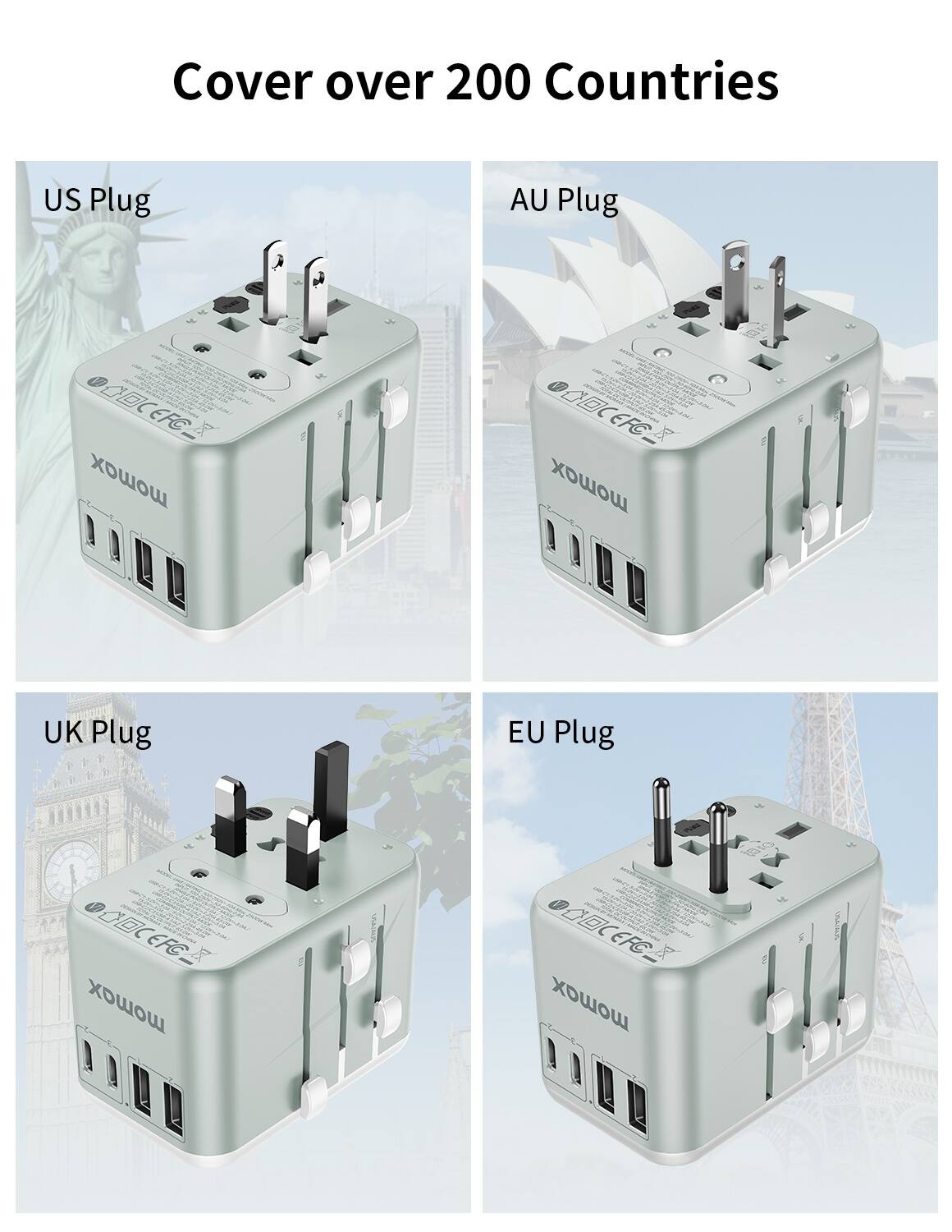 Cover over 200 Countries:

1. US Plug
2. AU Plug
3. OCEFC EFC w UK Plug
4. EU Plug
5. OCEFG OC EFC w