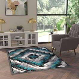 Emma + Oliver - Tucson Distressed Southwestern Diamond Motif Plush Pile Olefin Accent Rug - Jute Backing - Turquoise
