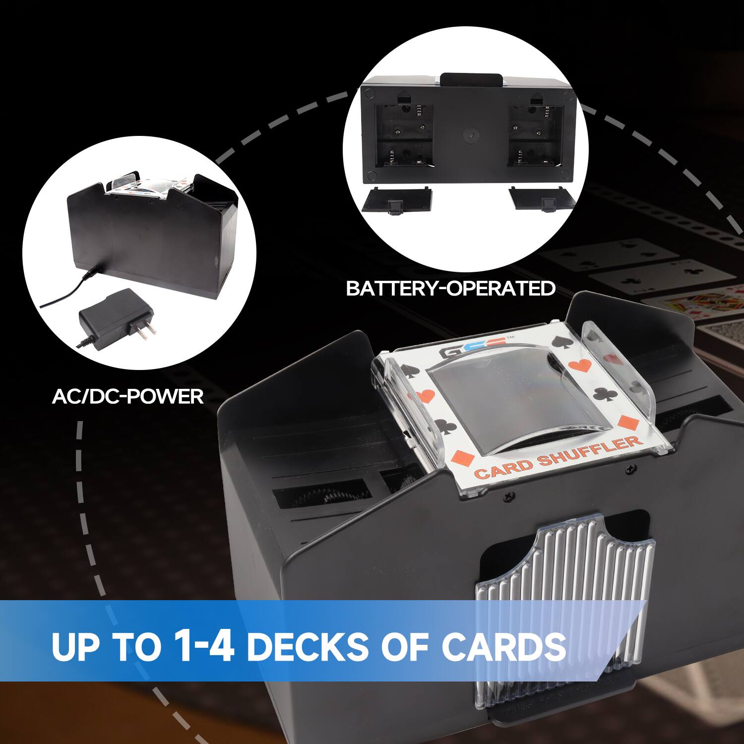 BATTERY-OPERATED AC/DC-POWER CARD SHUFFLER UP TO 1-4 DECKS OF CARDS