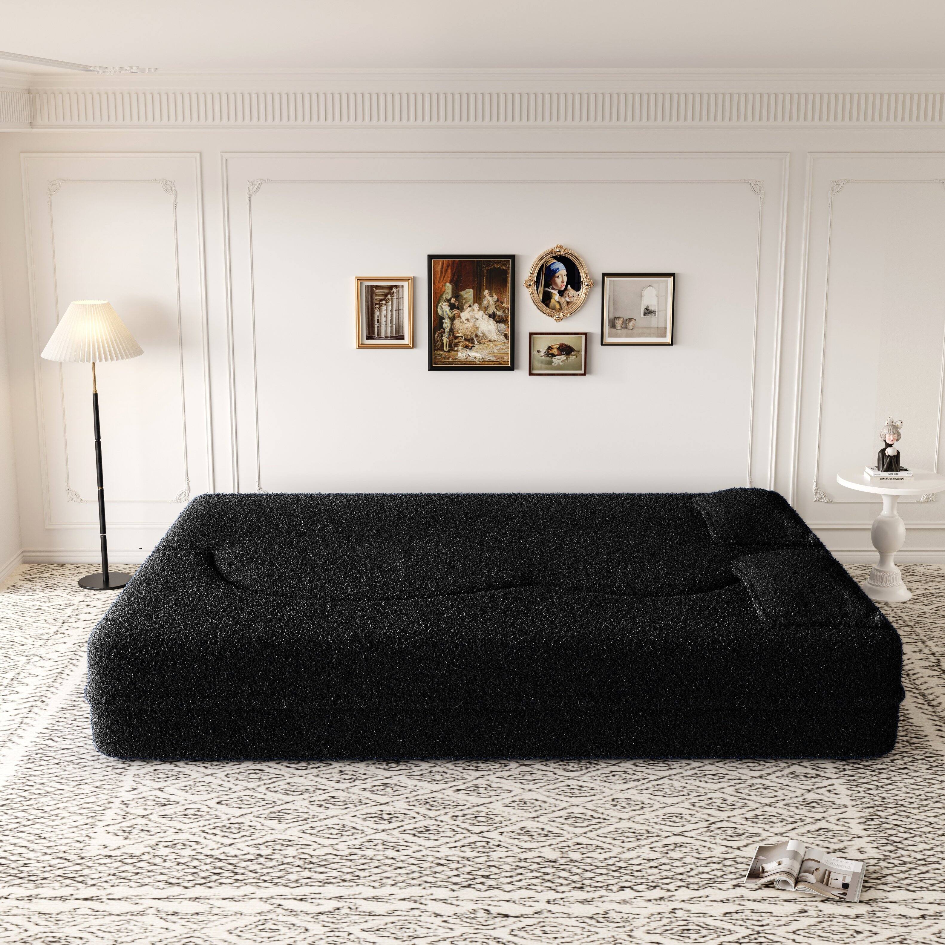 Left. Anysun - Modern Floor Sofa with 2 Pillows - Convertible Teddy Fabric Sleeper Bed, 15" Full Size Mattress, No Assembly Required - Black.