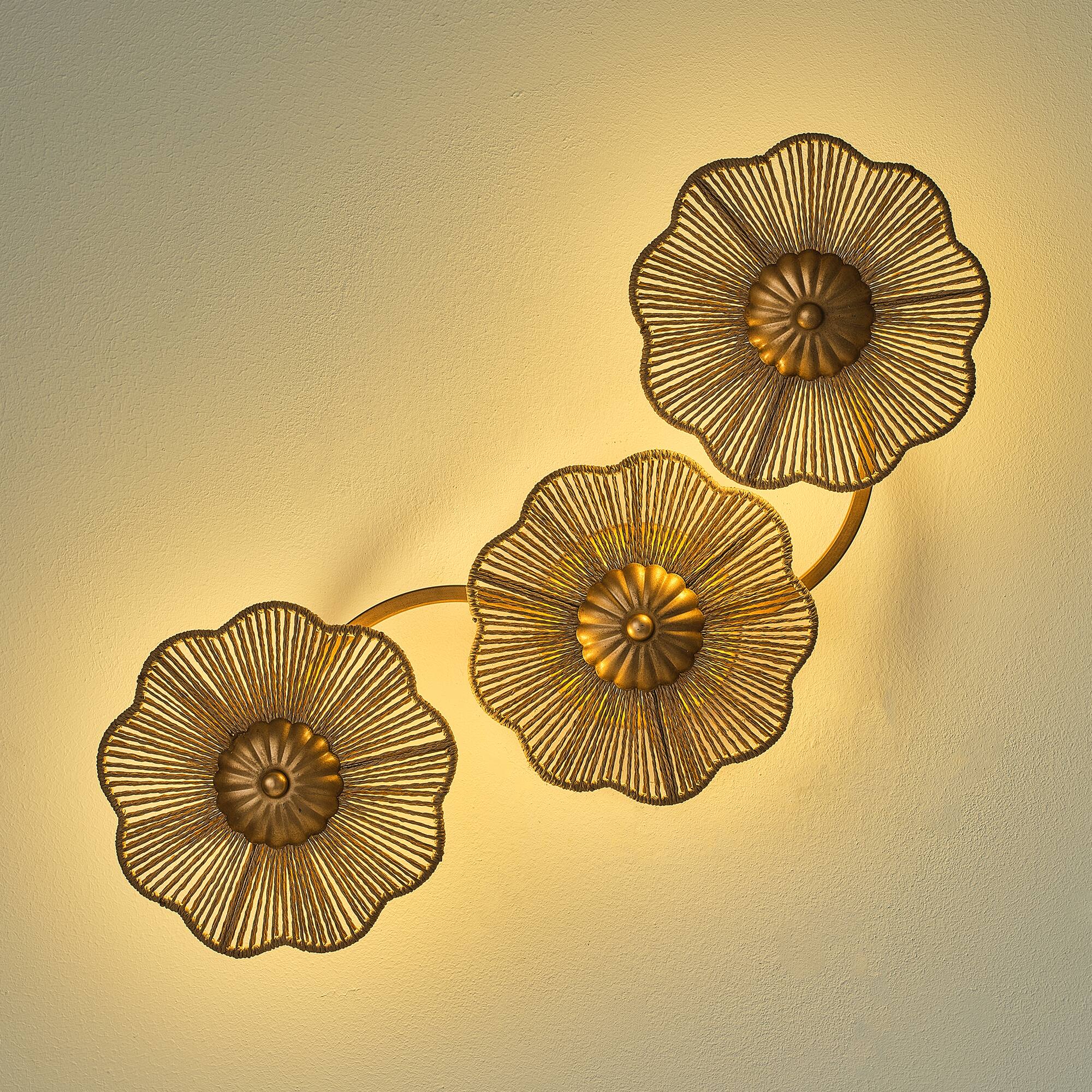 Alt View 4. Parrot Uncle - Antique Gold Modern Farmhouse Hand-Woven Raffia Rope Three Flower-Shaped LED Wall Lamp - Gold.