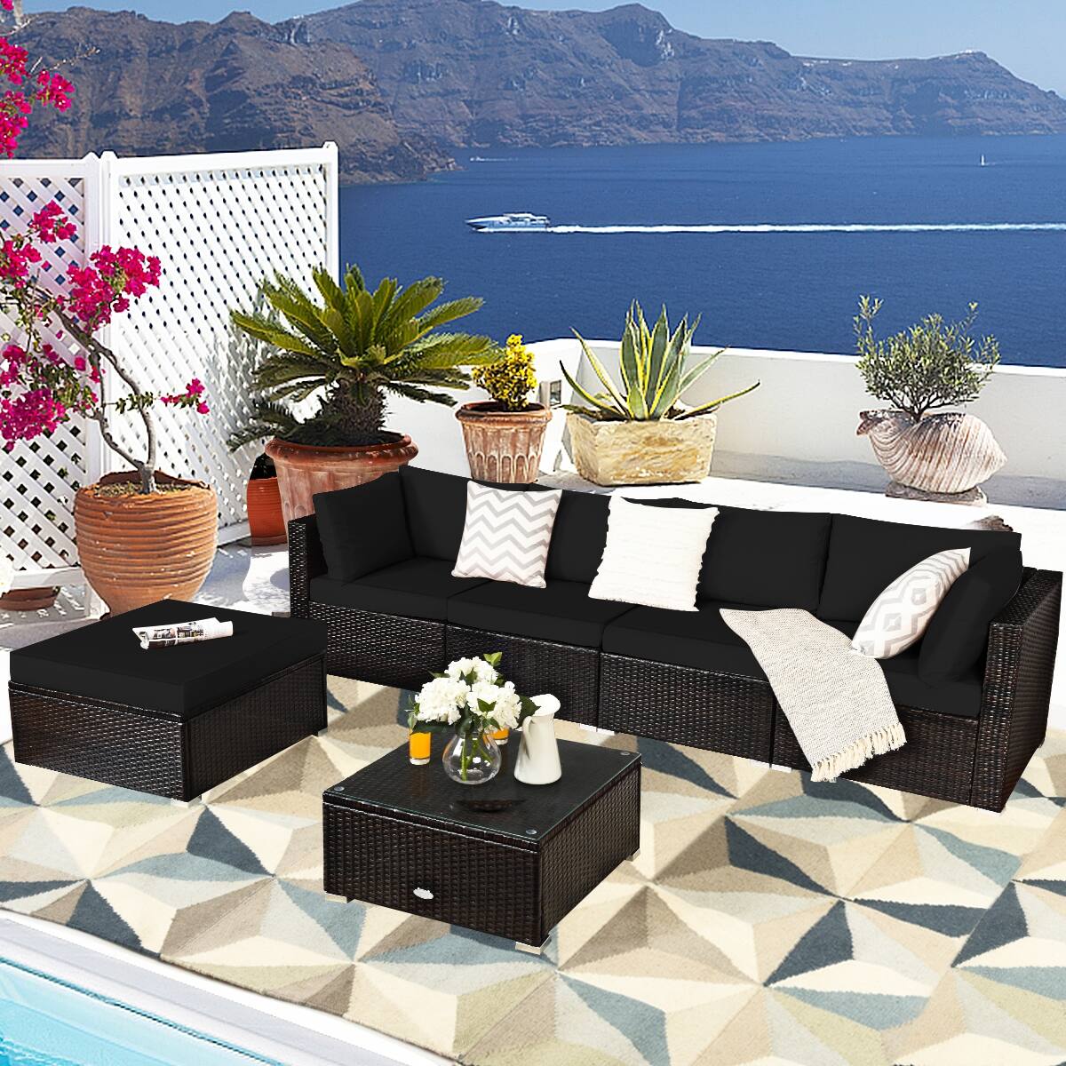 Alt View 2. SlickBlue - 6-Piece Outdoor Rattan Sectional Sofa Set with Cushions and Coffee Table - Black.