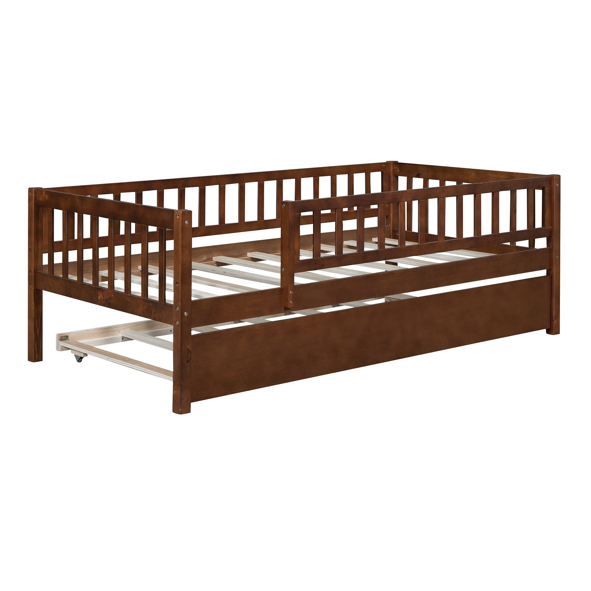 Back. Tiramisubest - Twin Size Wood Daybed with Trundle and Fence Guardrails, Walnut - Walnut.