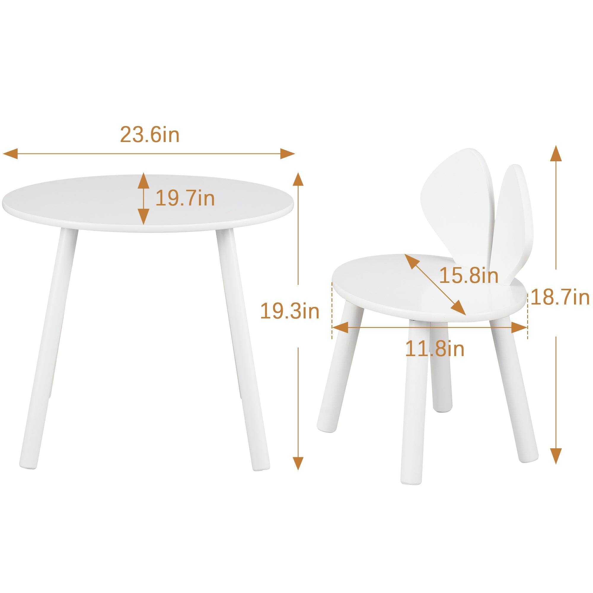 - Table:
  - Diameter: 23.6in
  - Height: 19.7in

- Chair:
  - Seat Height: 19.3in
  - Seat Depth: 18.7in
  - Seat Width: 15.8in
  - Back Height: 11.8in
