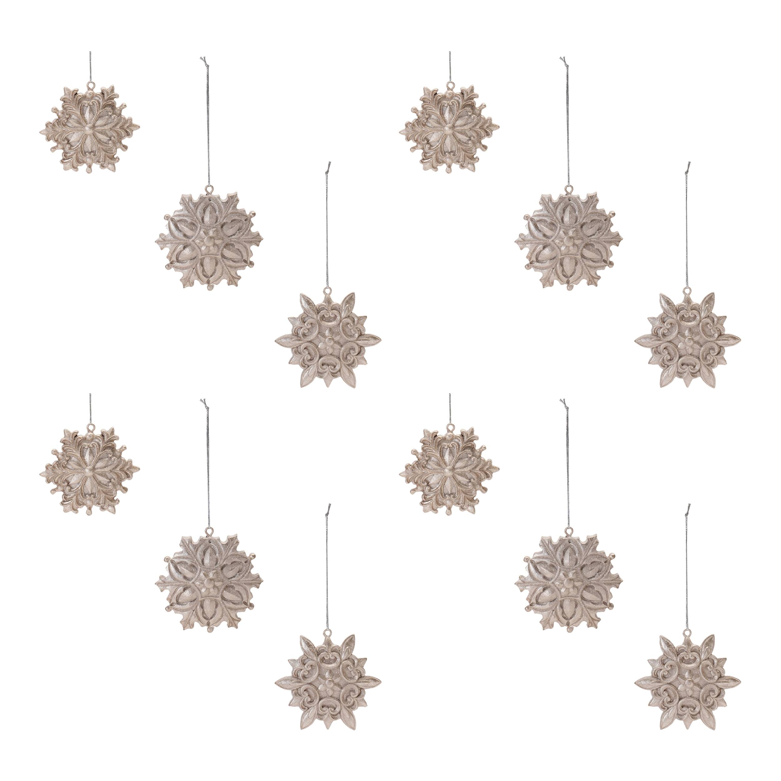 Alt View 3. BreeBe - Ornate Champagne Snowflake Ornament (Set of 12) - Gold, Silver.