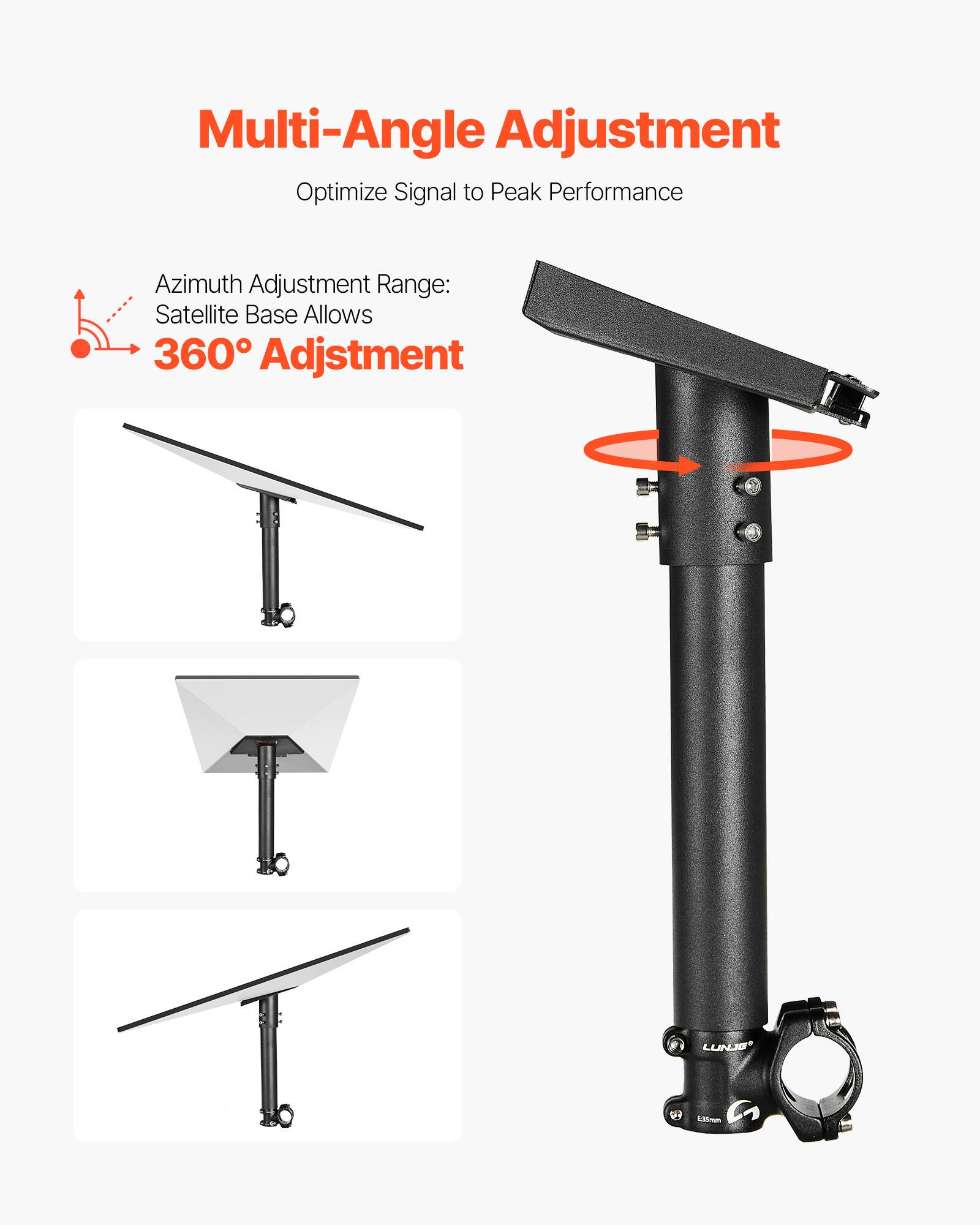Multi-Angle Adjustment, Optimize Signal to Peak Performance, Azimuth Adjustment Range: Satellite Base Allows 360° Adjustment, LUNJE Amm