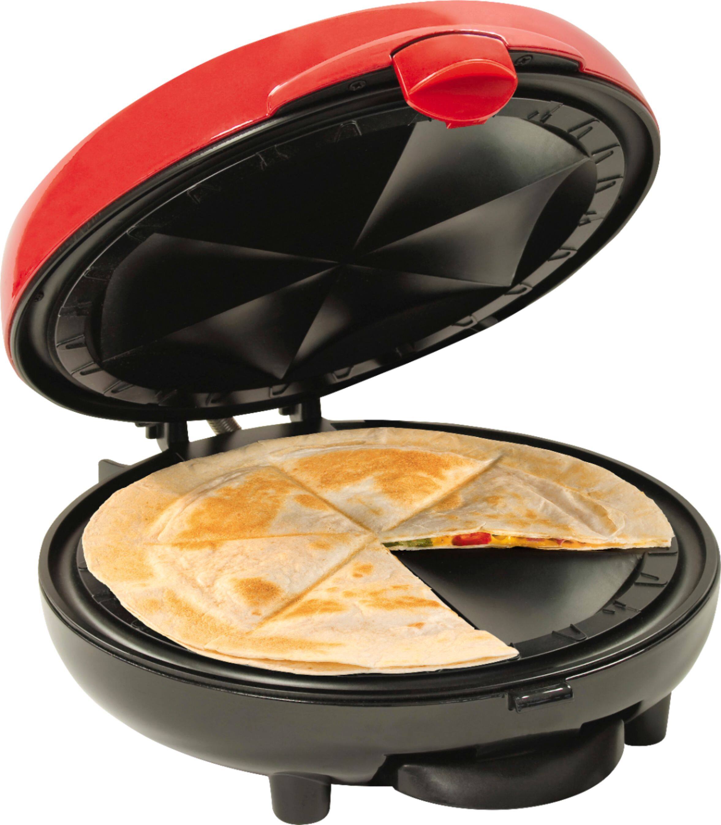 Angle. Nostalgia - 6-Wedge Electric Quesadilla Maker with Extra Stuffing Latch - Red.