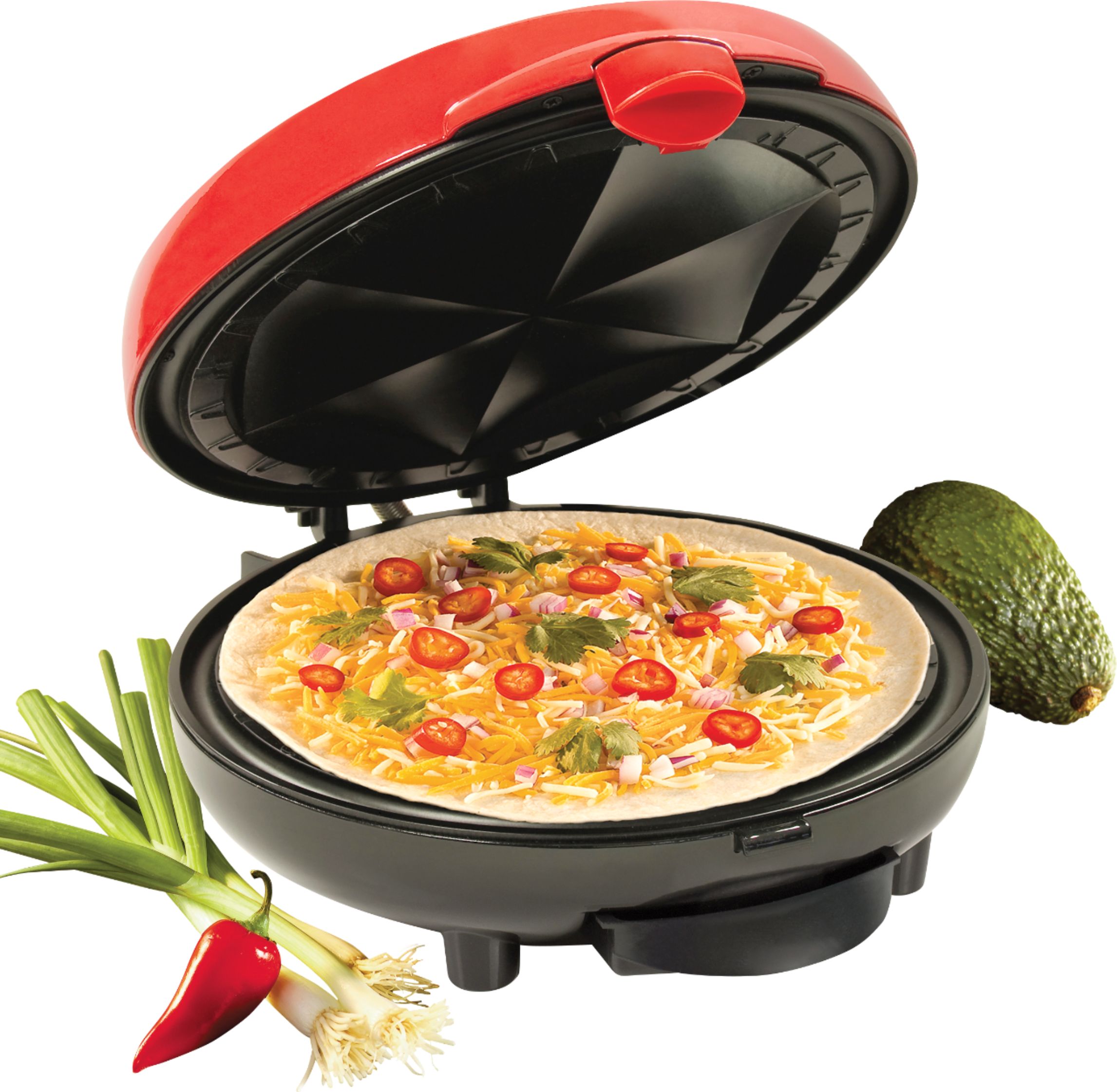 Taco Tuesday 6-Wedge Electric Quesadilla Maker with Extra Stuffing Latch Red