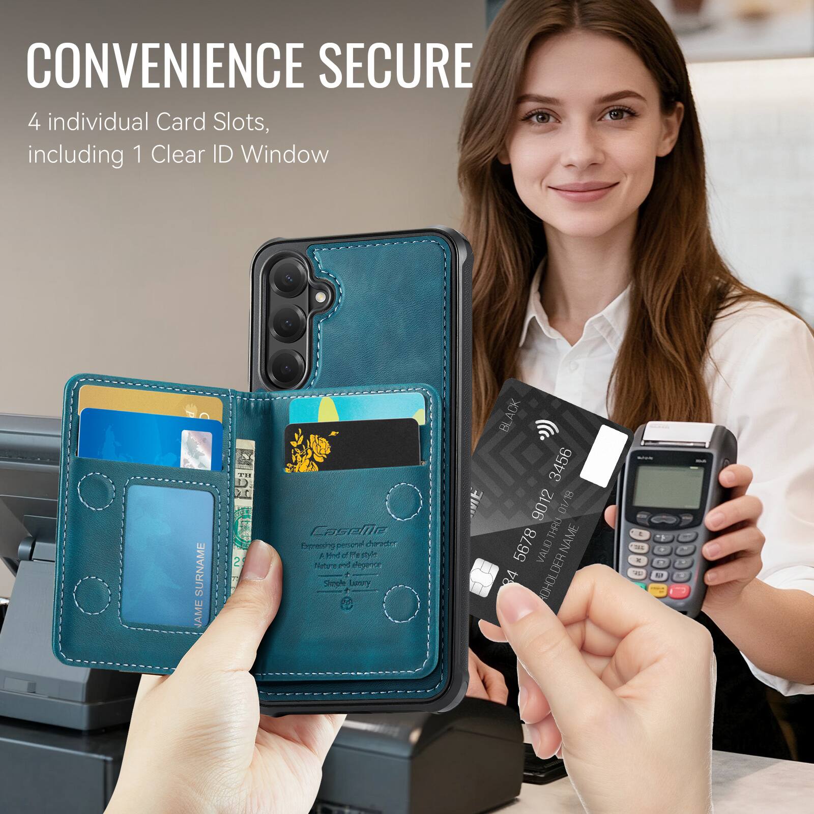 CONVENIENCE SECURE  
4 individual Card Slots, including 1 Clear ID Window  

SURNAME JAME  
2 OE Caselle Expressing personal character and style of the person Nature and elegance + Simple Luxury  

NAME 5678  
VALID 84  
CARDHOLDER