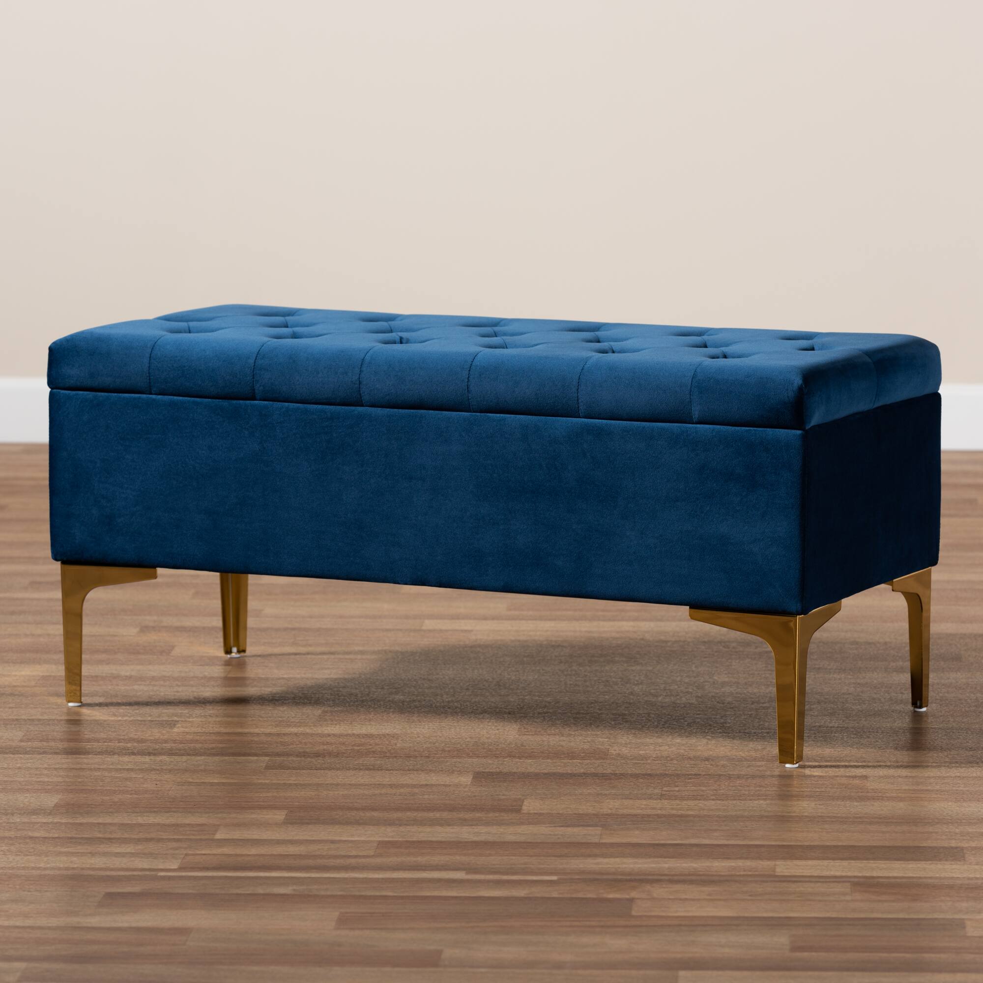 Alt View 6. Baxton Studio - Valere Glam and Luxe Velvet Fabric Upholstered Gold Finished Button Tufted Storage Ottoman - Navy Blue/Gold.