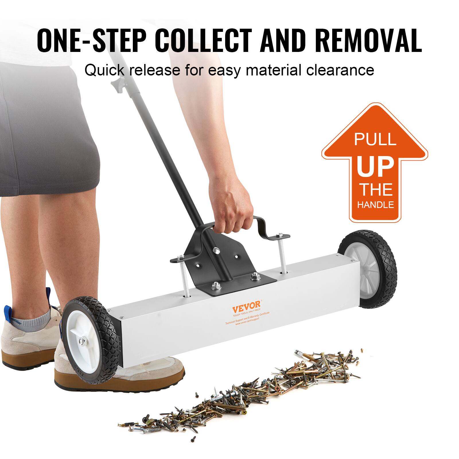 ONE-STEP COLLECT AND REMOVAL  
Quick release for easy material clearance  
PULL UP THE HANDLE  

VEVOR