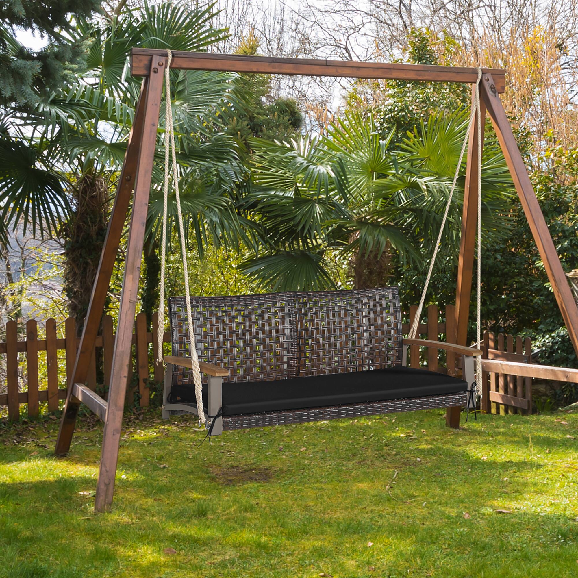 Alt View 8. Gymax - Gymax 2-Seat Rattan Porch Swing Chair Outdoor Wicker Swing Bench W/ Seat Cushion Black - Black.