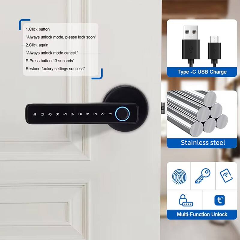 1. Click button  
   "Always unlock mode, please lock soon"  
   2. Click again  
   "Always unlock mode cancel."  
   B. Press button 13 seconds  
   Restone factory settings success  

Type - C USB Charge  
Stainless steel  
Multi-Function Unlock
